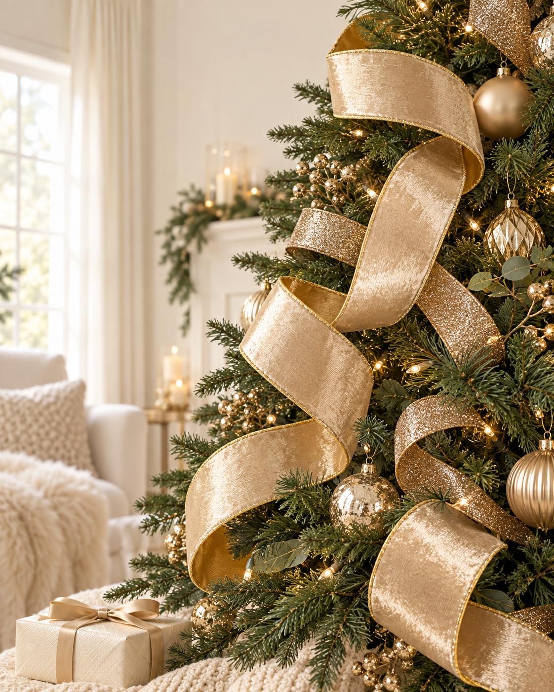 Champagne and gold ribbons styled on a Christmas tree