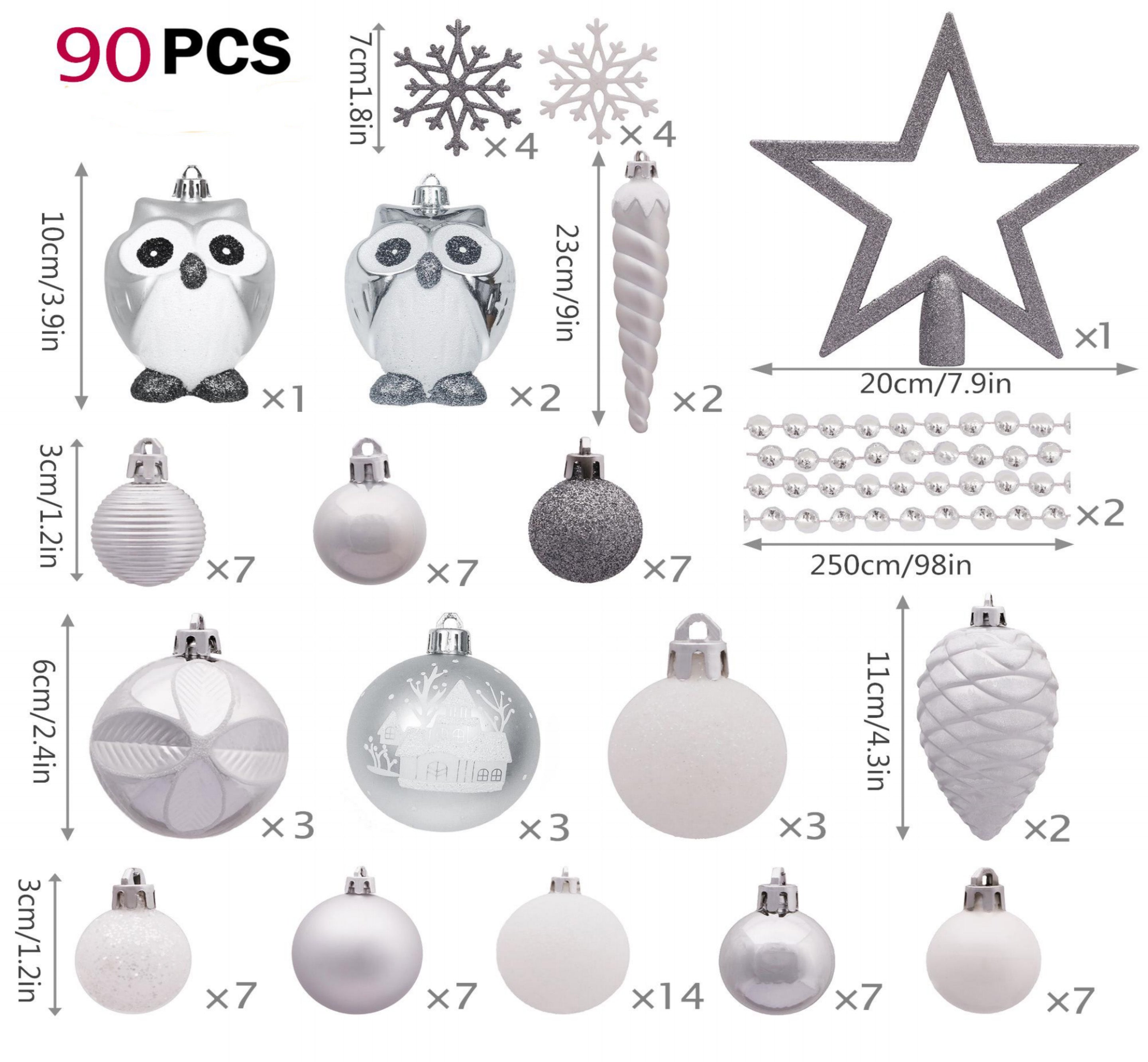 90pcs Shatterproof Silver Christmas Ornament Set 00090001