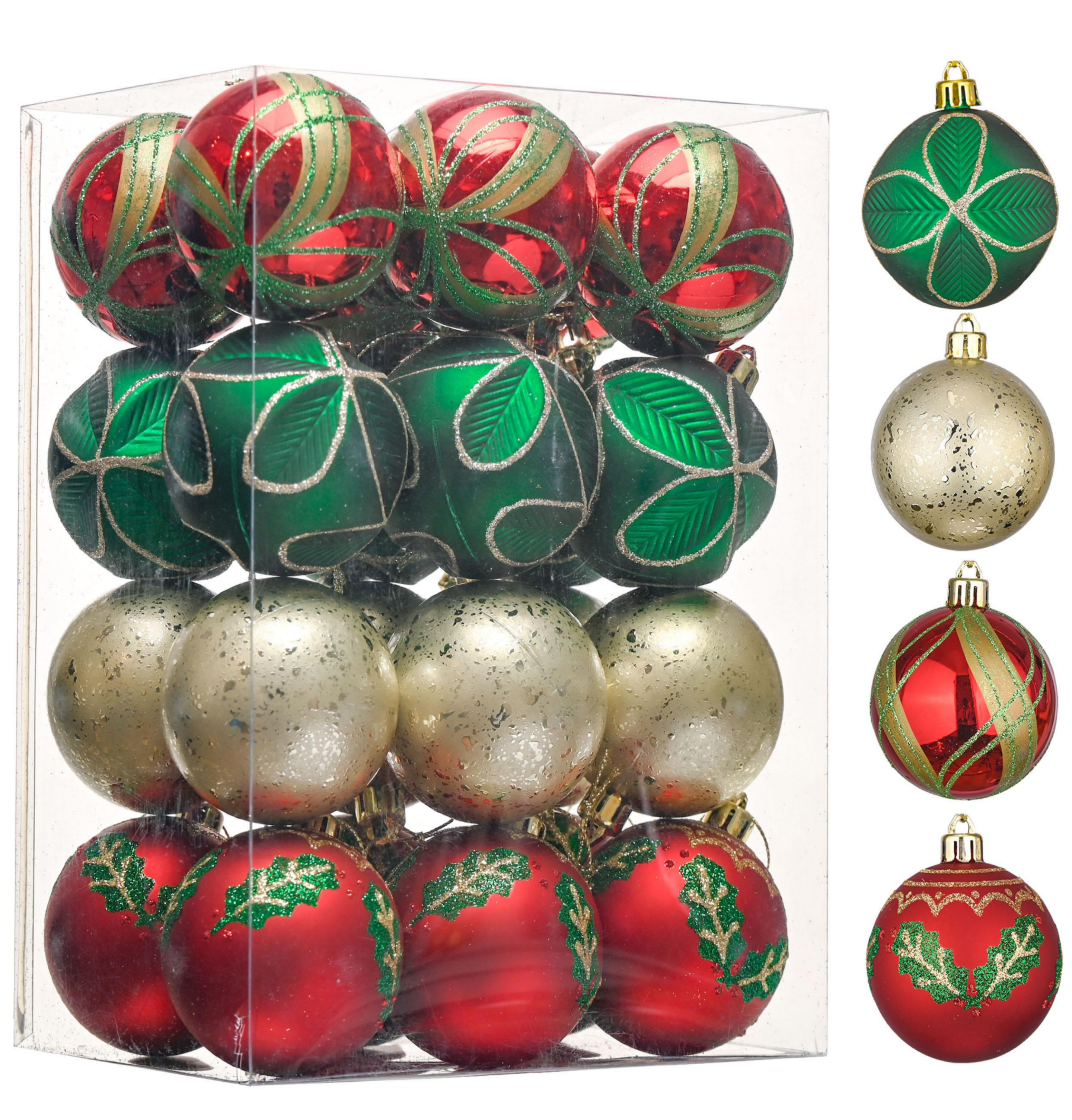 24pcs 6cm Shatterproof Red Green Gold Baubles Set 06024002