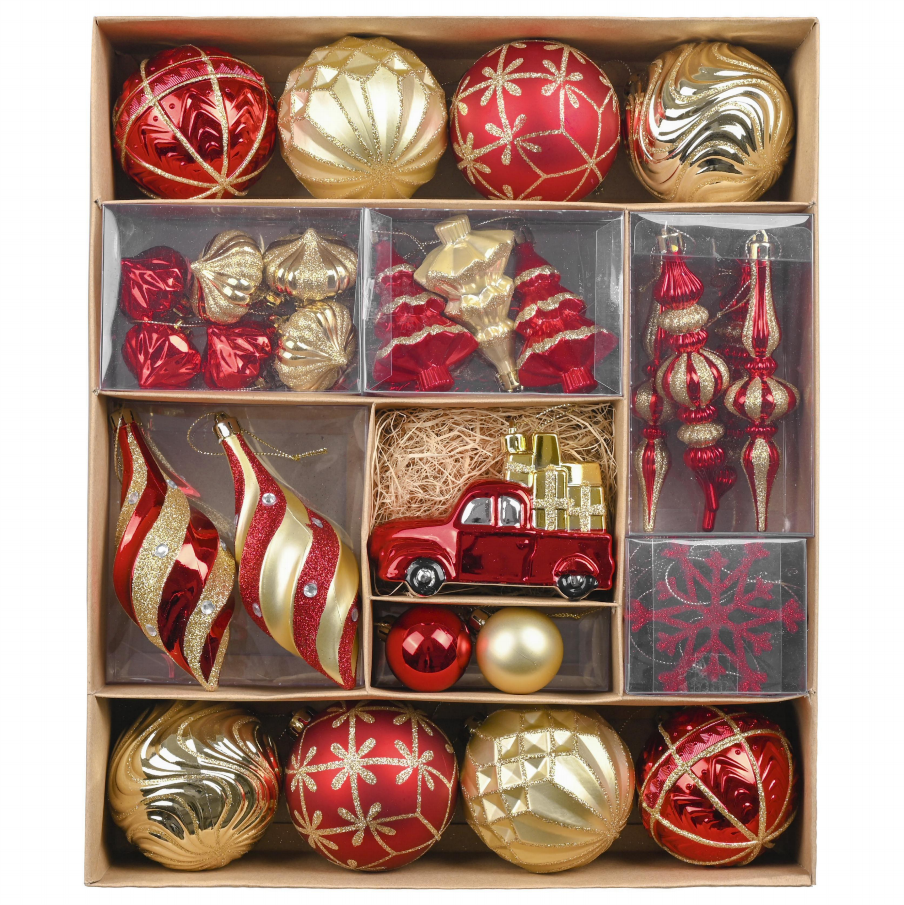 60pcs Shatterproof Red Gold Baubles Set 00060003