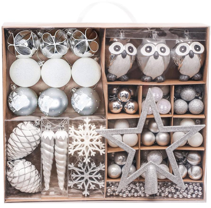 90pcs Shatterproof Silver Christmas Ornament Set 00090001