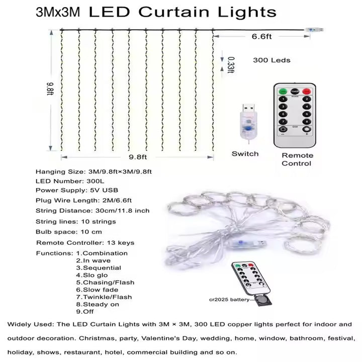 USB Operated Curtain LED Lights with remote control - MODA FLORA Santa's Workshop
