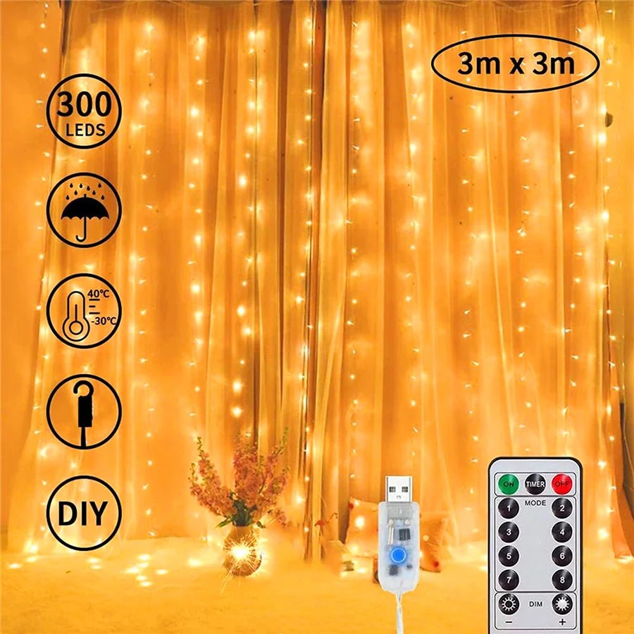 USB Operated Curtain LED Lights with remote control - MODA FLORA Santa's Workshop