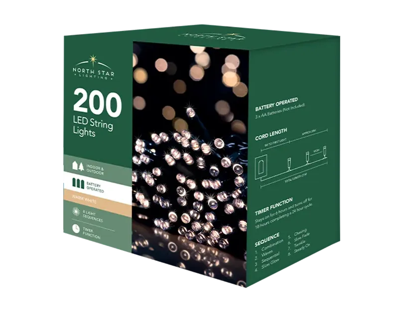 20.9 meters Warm White LED Battery Operated Christmas Lights 200 Count