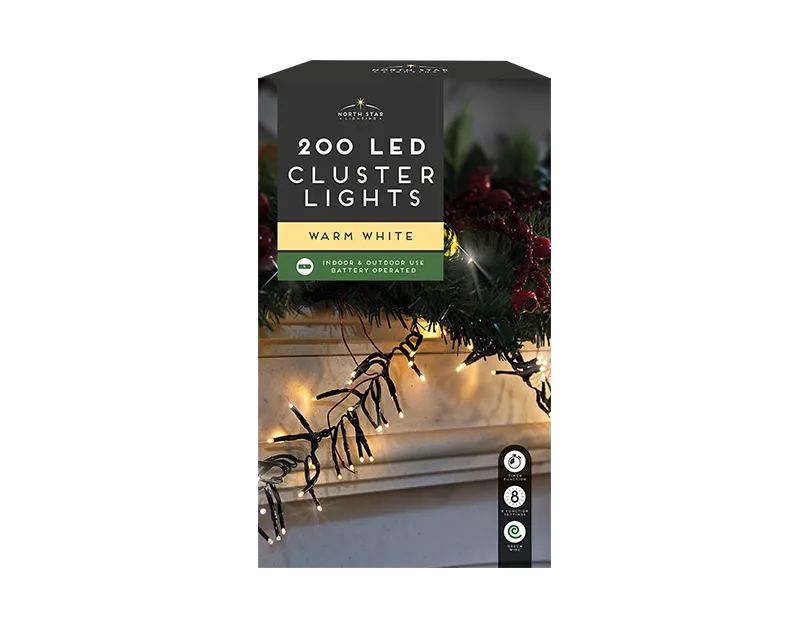2 meters Warm White LED Battery Operated Christmas Cluster Lights 200 count