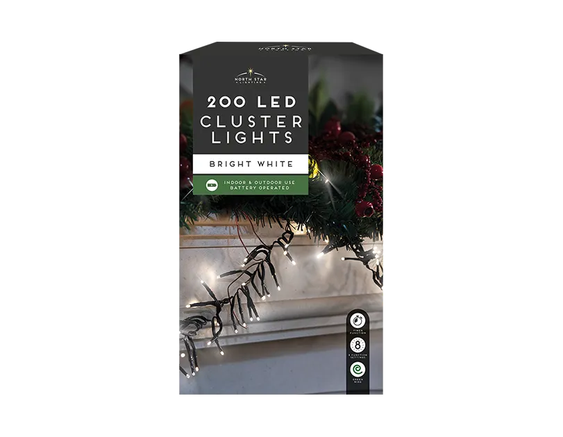 2 meters Bright White LED Battery Operated Christmas Cluster Lights 200 count