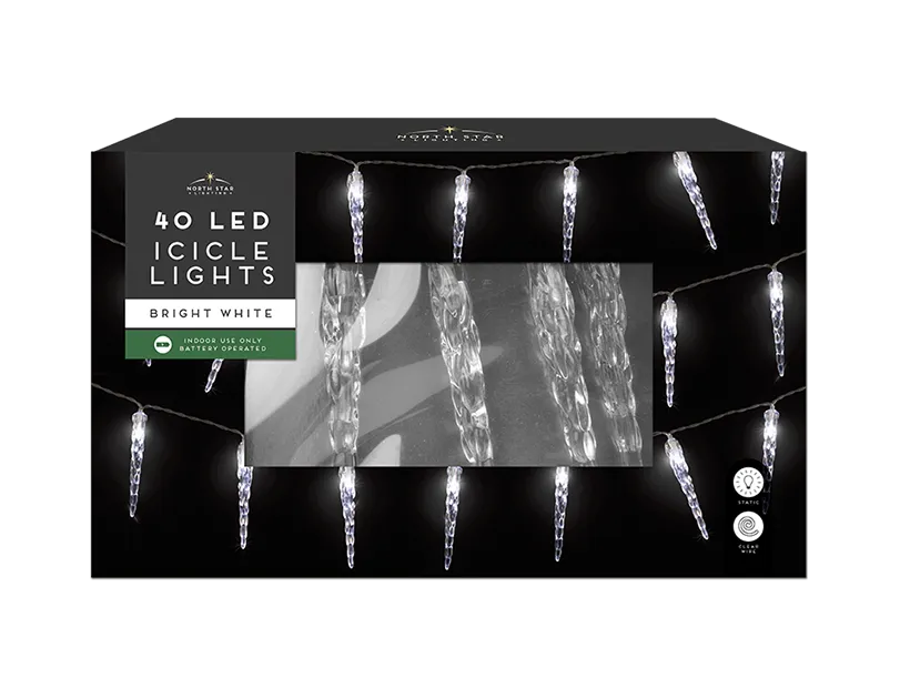Bright White LED Battery Operated Christmas Icicle Lights 40 count