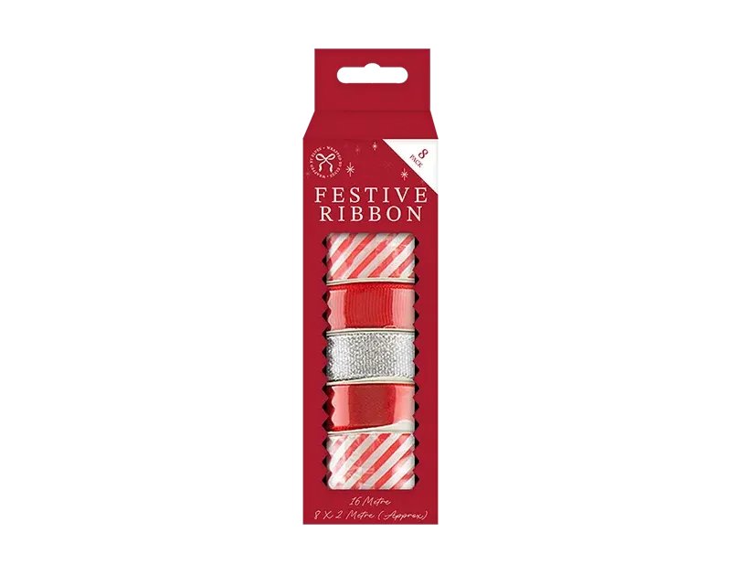 8 Rolls x 2 Meter Red White Silver Gift Wrapping Ribbon Set