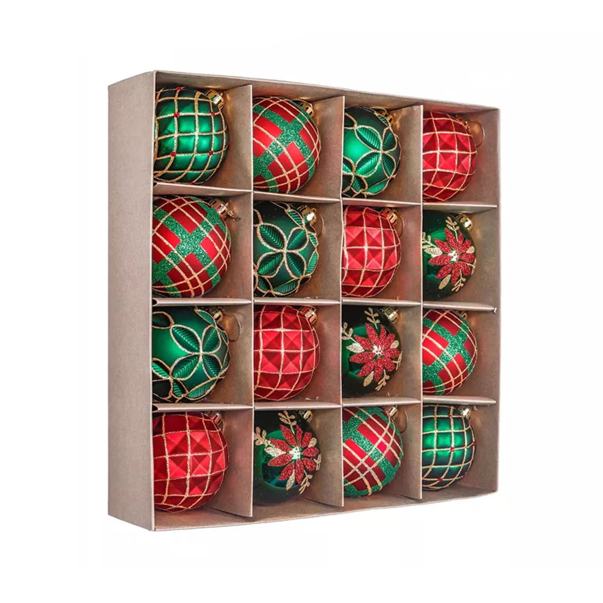 16pcs 8cm Red Green Shatterproof Ornament Set 08016003 - MODA FLORA Santa's Workshop