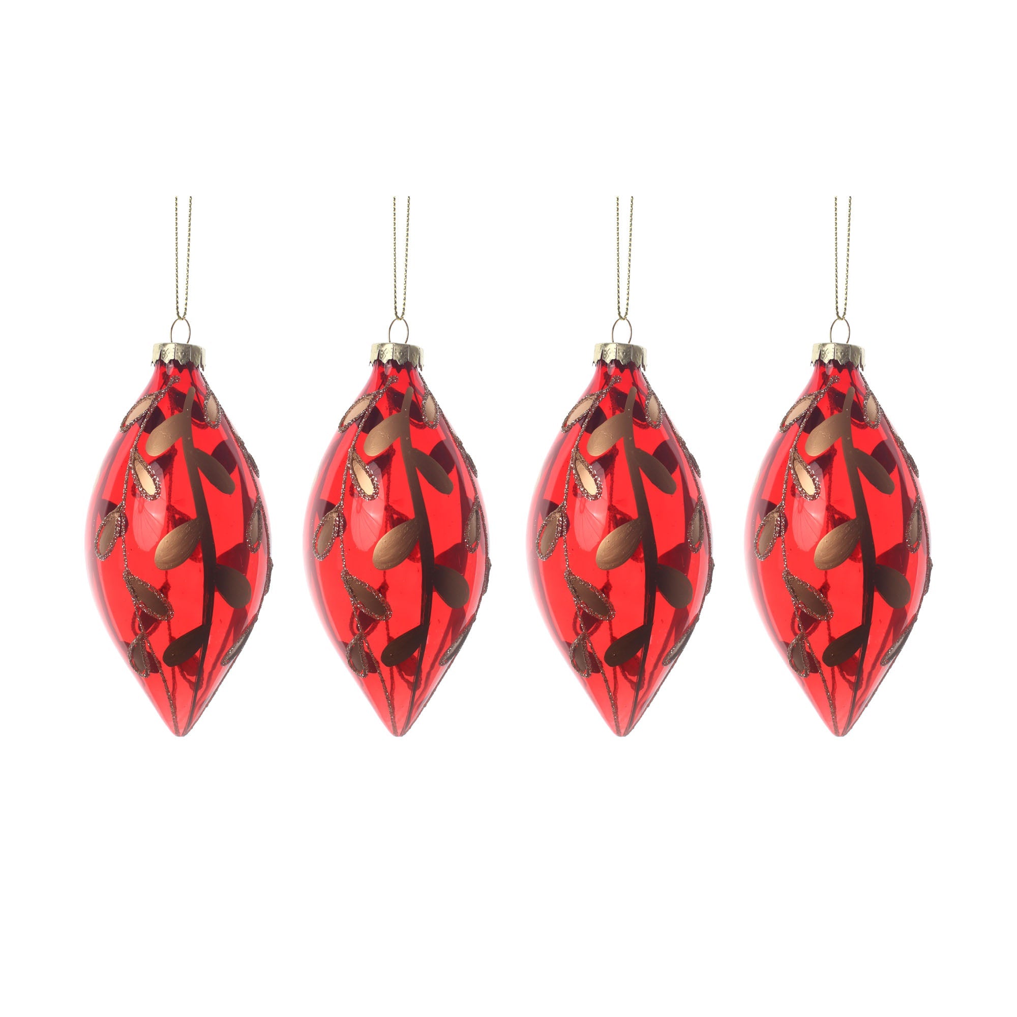 4pcs 13cm Clear Red Double Painted Gold Double Tips Glass Ornament 1304001G - MODA FLORA Santa's Workshop