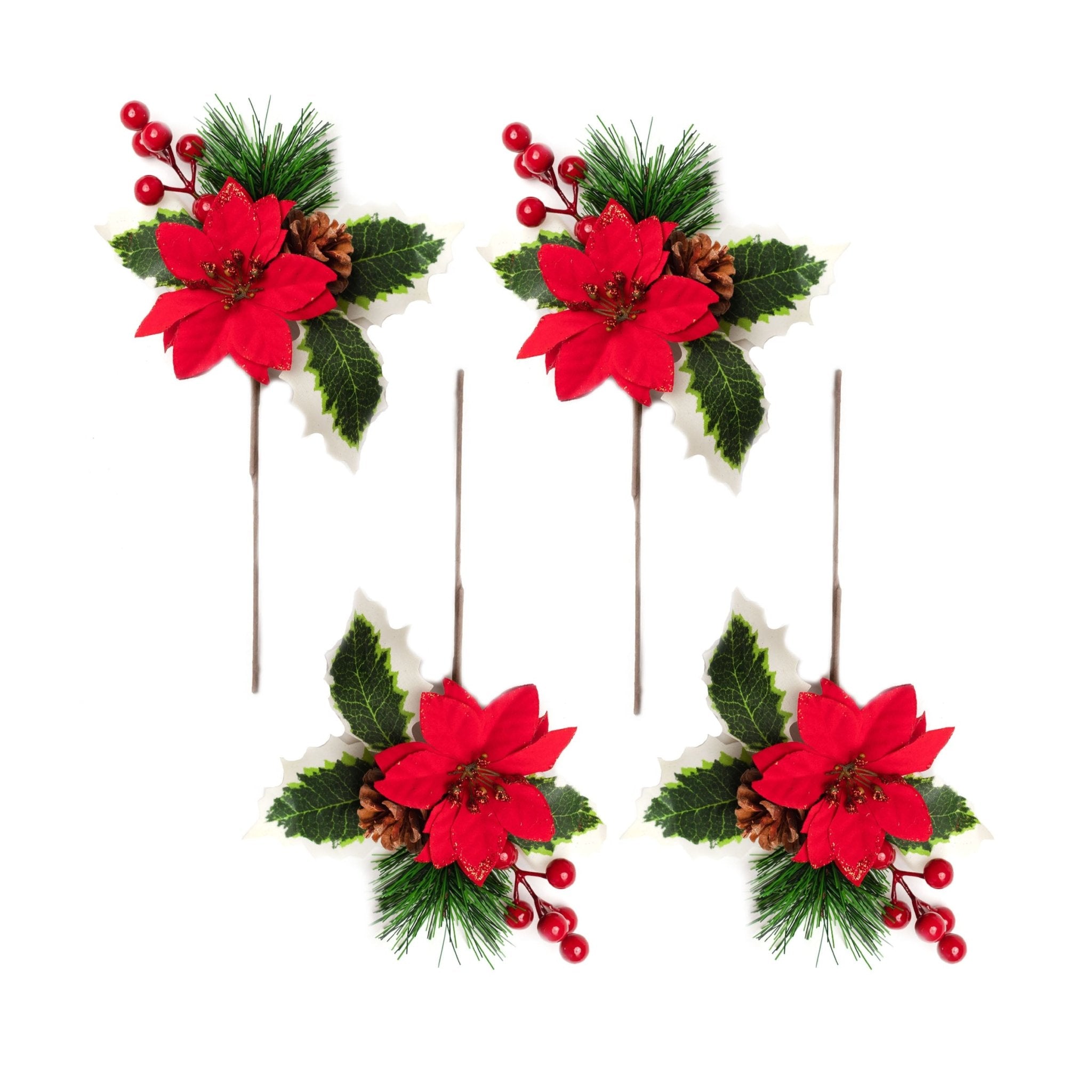 4pcs 26cm Poinsettia Red Berries Pick 01704 - MODA FLORA Santa's Workshop