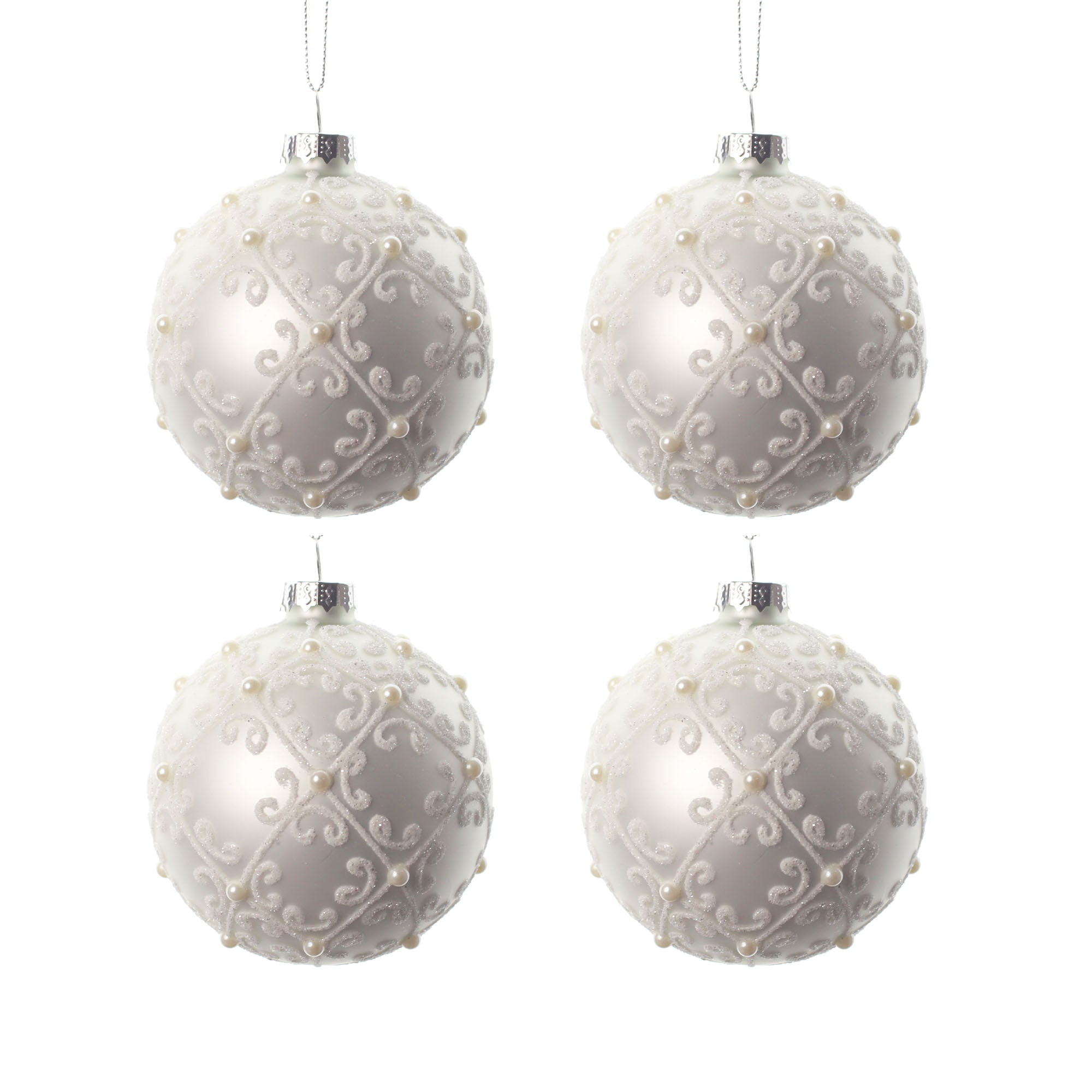 4pcs 8cm Pearl White Beaded Glass Ornament 0804005G - MODA FLORA Santa's Workshop