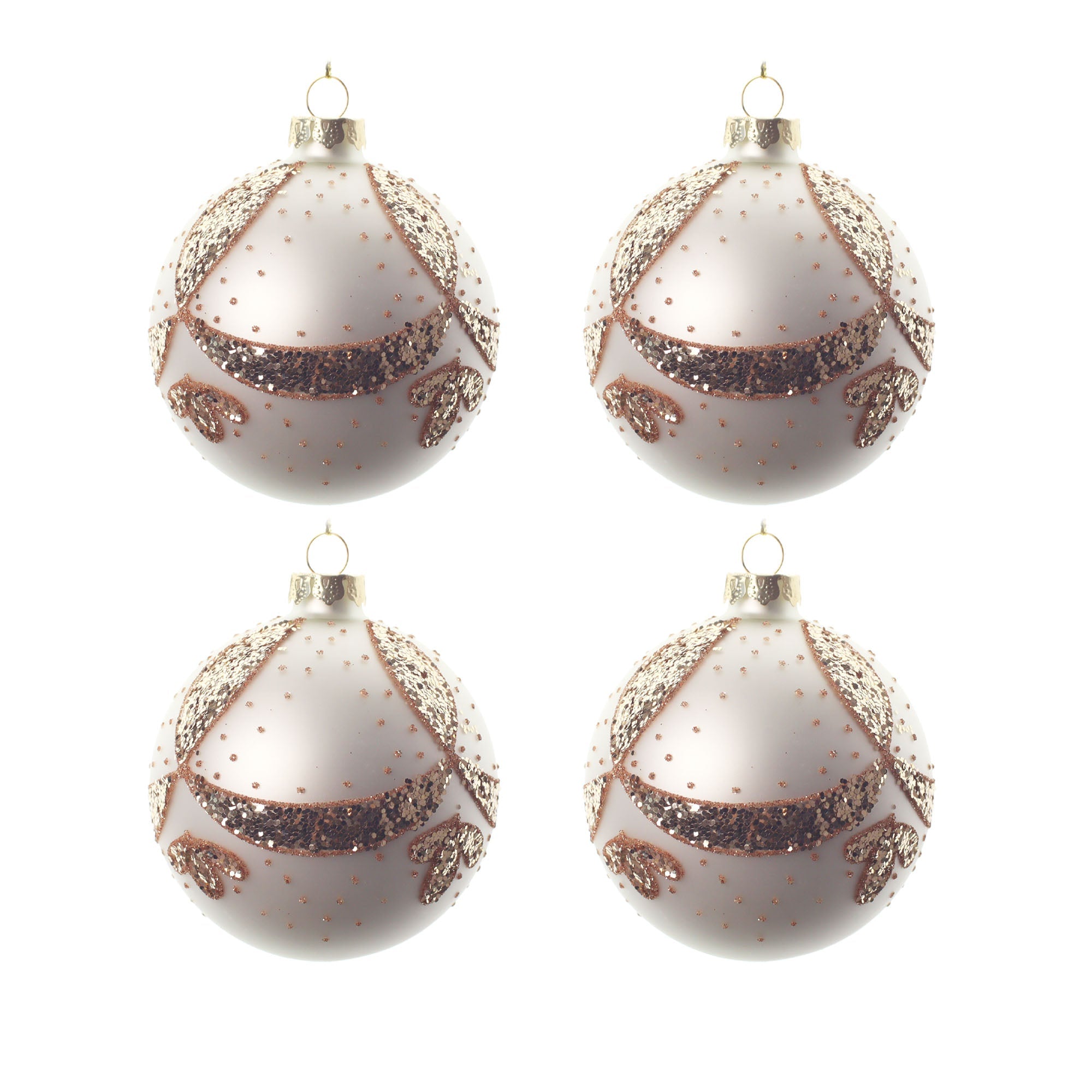 4pcs 8cm Pearl White Gold Glitter Glass Ornament 0804008G - MODA FLORA Santa's Workshop