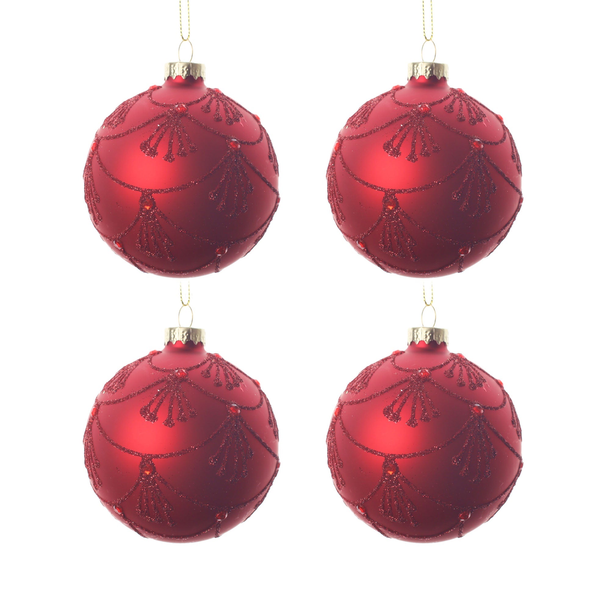 4pcs 8cm Red Glitter Round Glass Ornament 0804004G - MODA FLORA Santa's Workshop