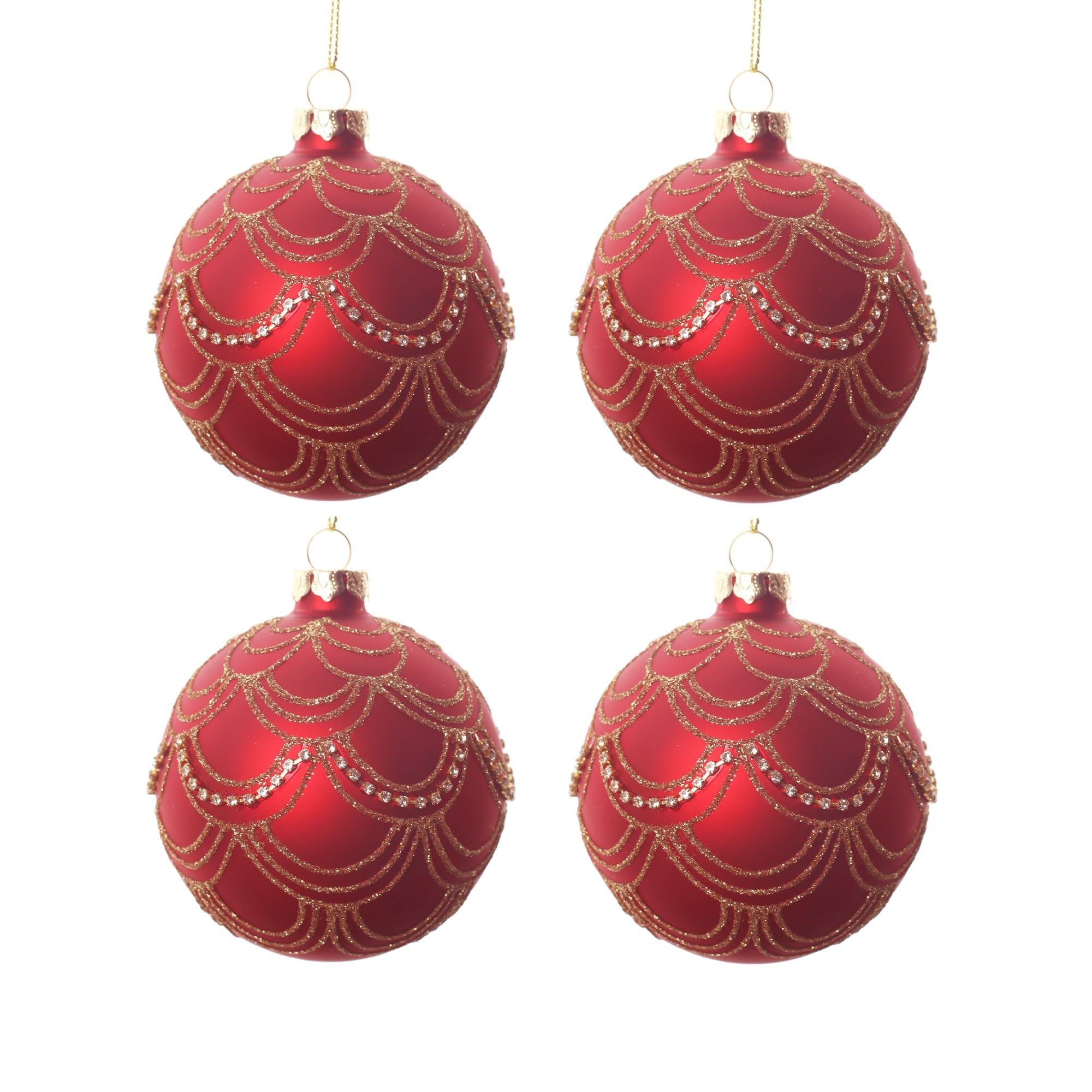 4pcs 8cm Red Gold Beaded Glass Ornament 0804003G - MODA FLORA Santa's Workshop