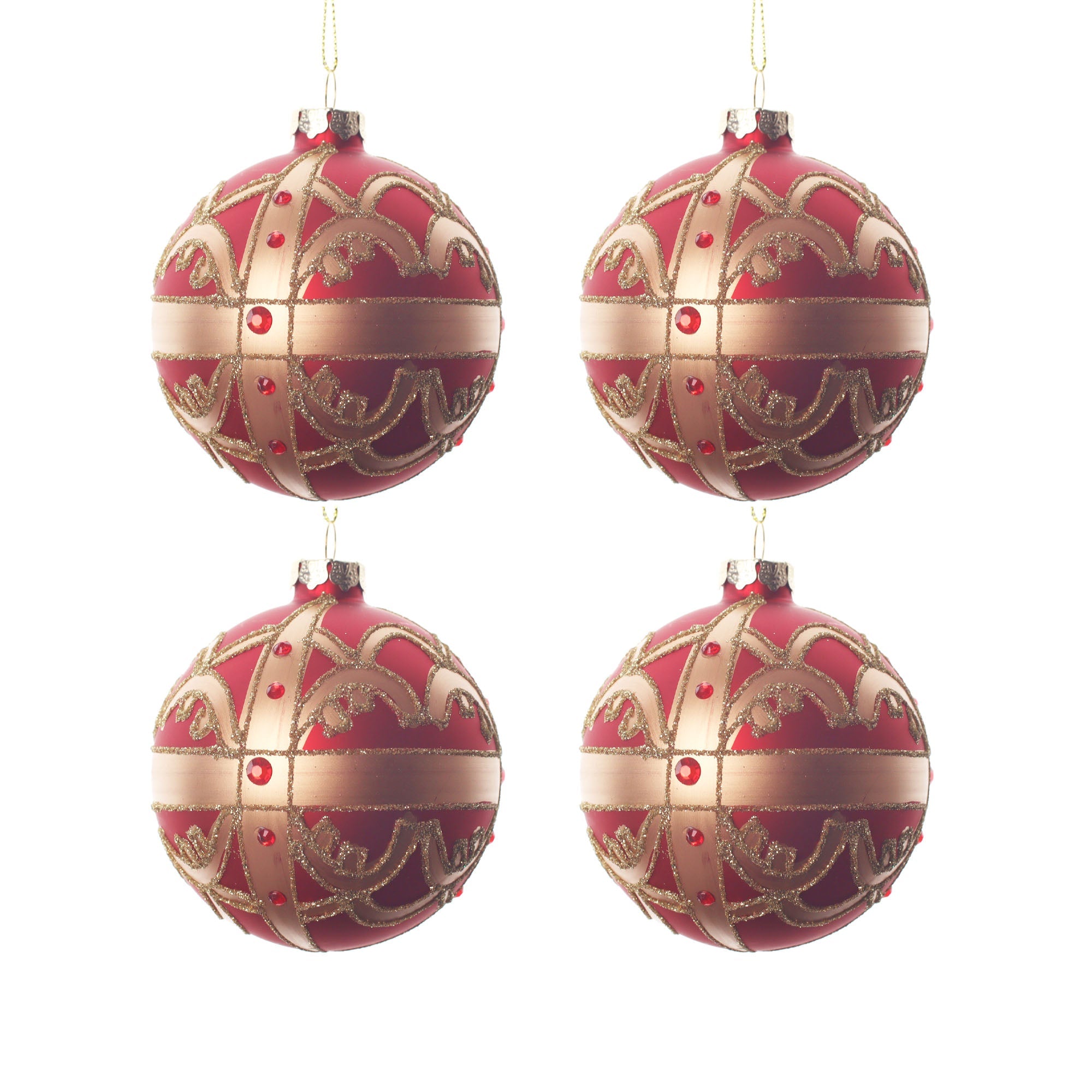 4pcs 8cm Red Gold Glitter Round Glass Ornament 0804002G - MODA FLORA Santa's Workshop