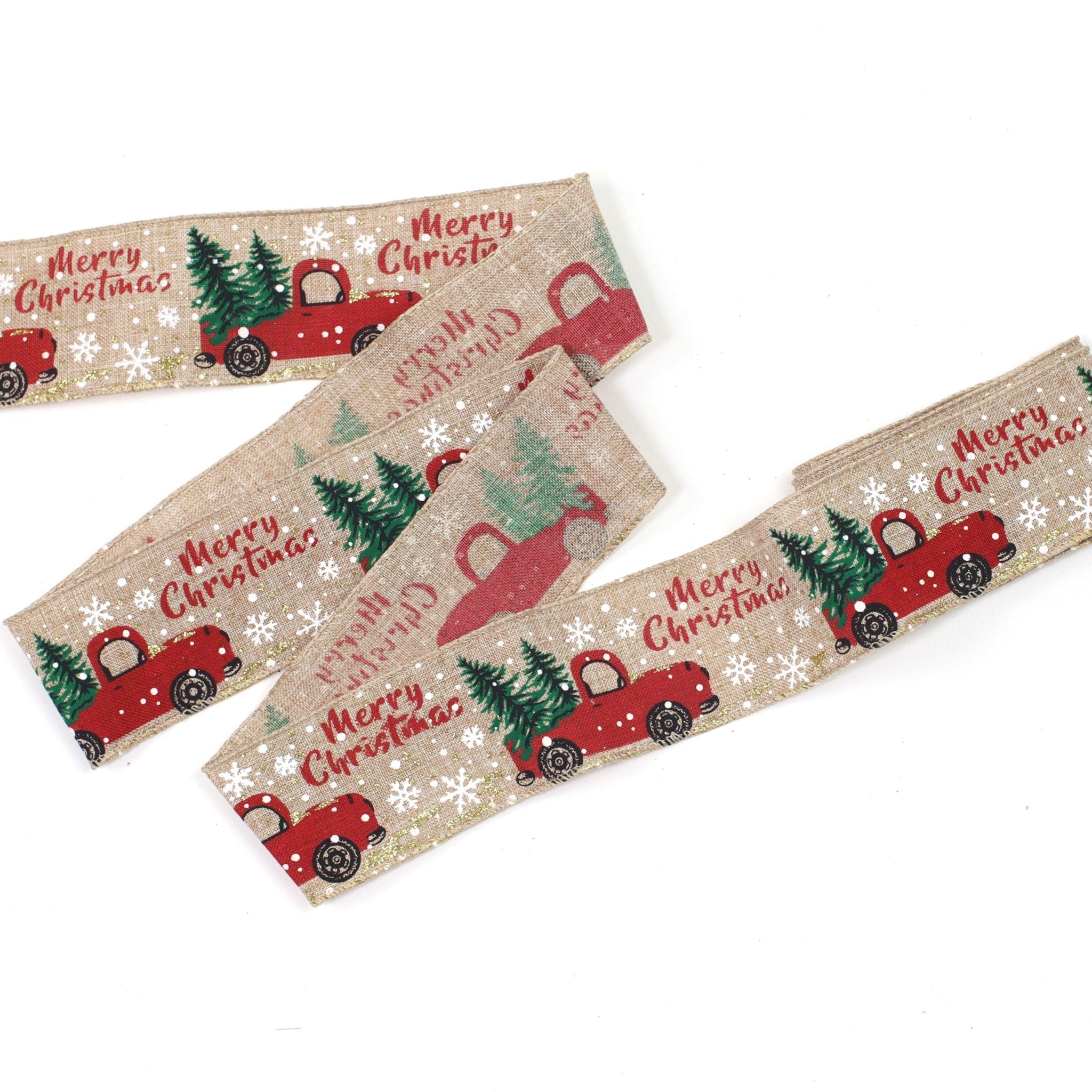 50mm x 2M Merry Christmas Red Truck Wired Ribbon 5002002 - MODA FLORA Santa's Workshop