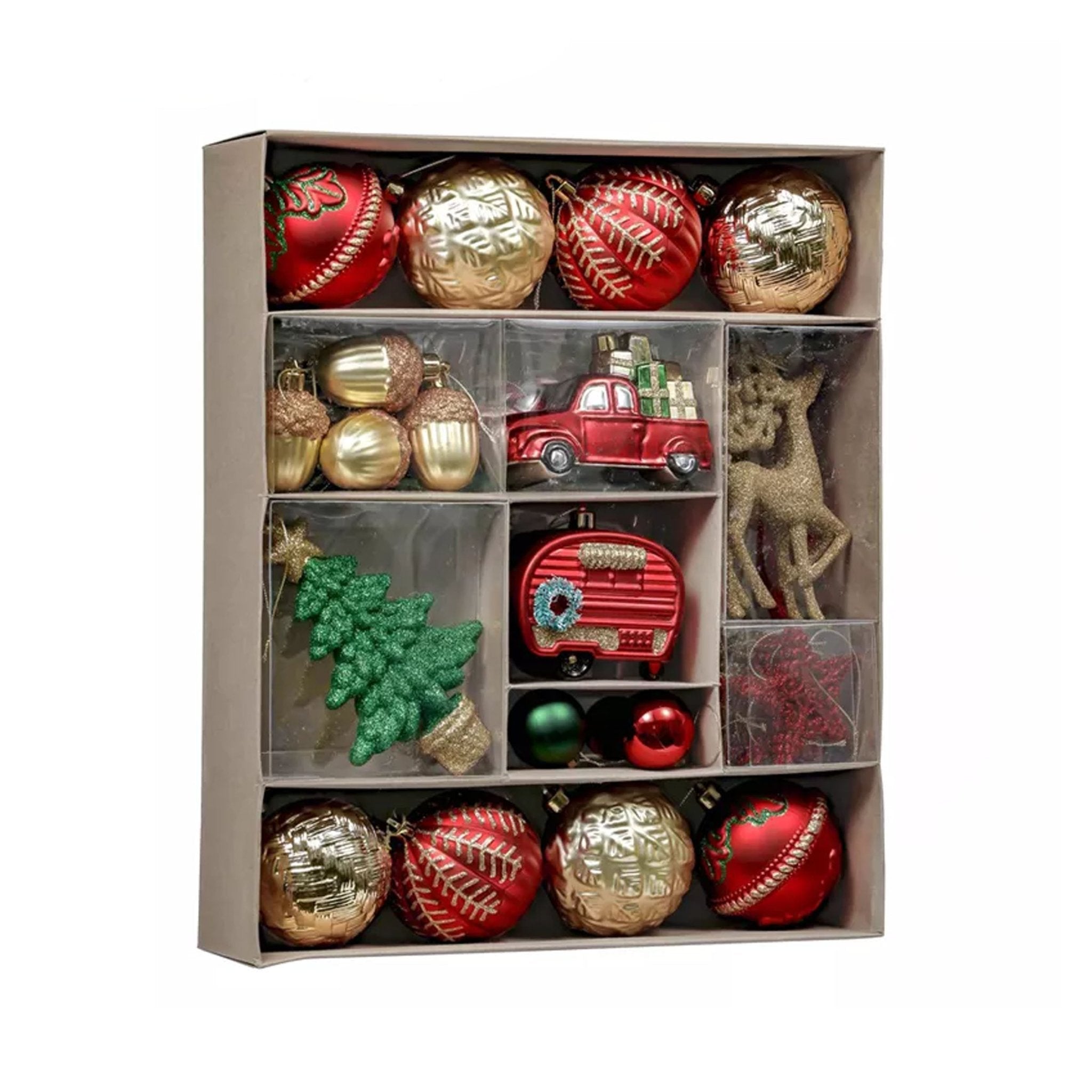 60pcs 3-14cm Deluxe Red Gold Green Shatterproof Ornament Set 00060001 - MODA FLORA Santa's Workshop