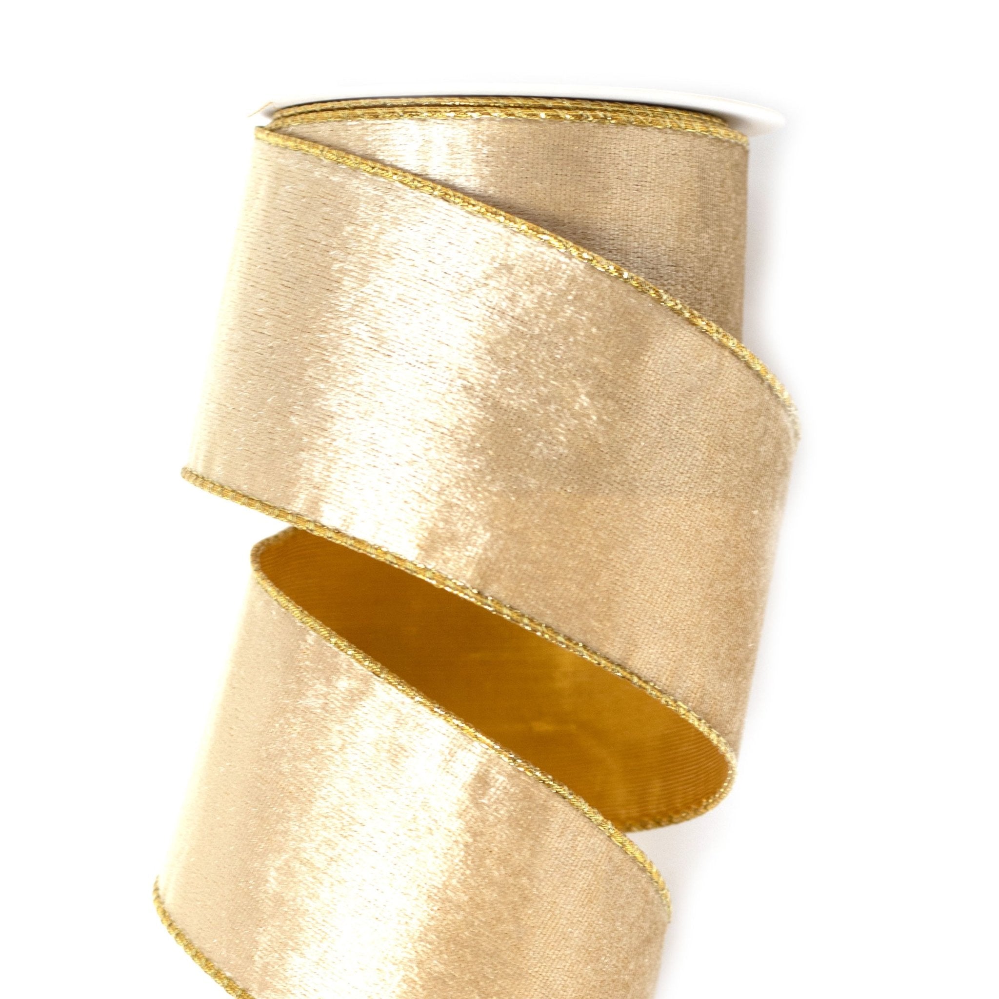 63mm x 9M Champagne Velvet Gold Satin Wired Ribbon 6309016 - MODA FLORA Santa's Workshop