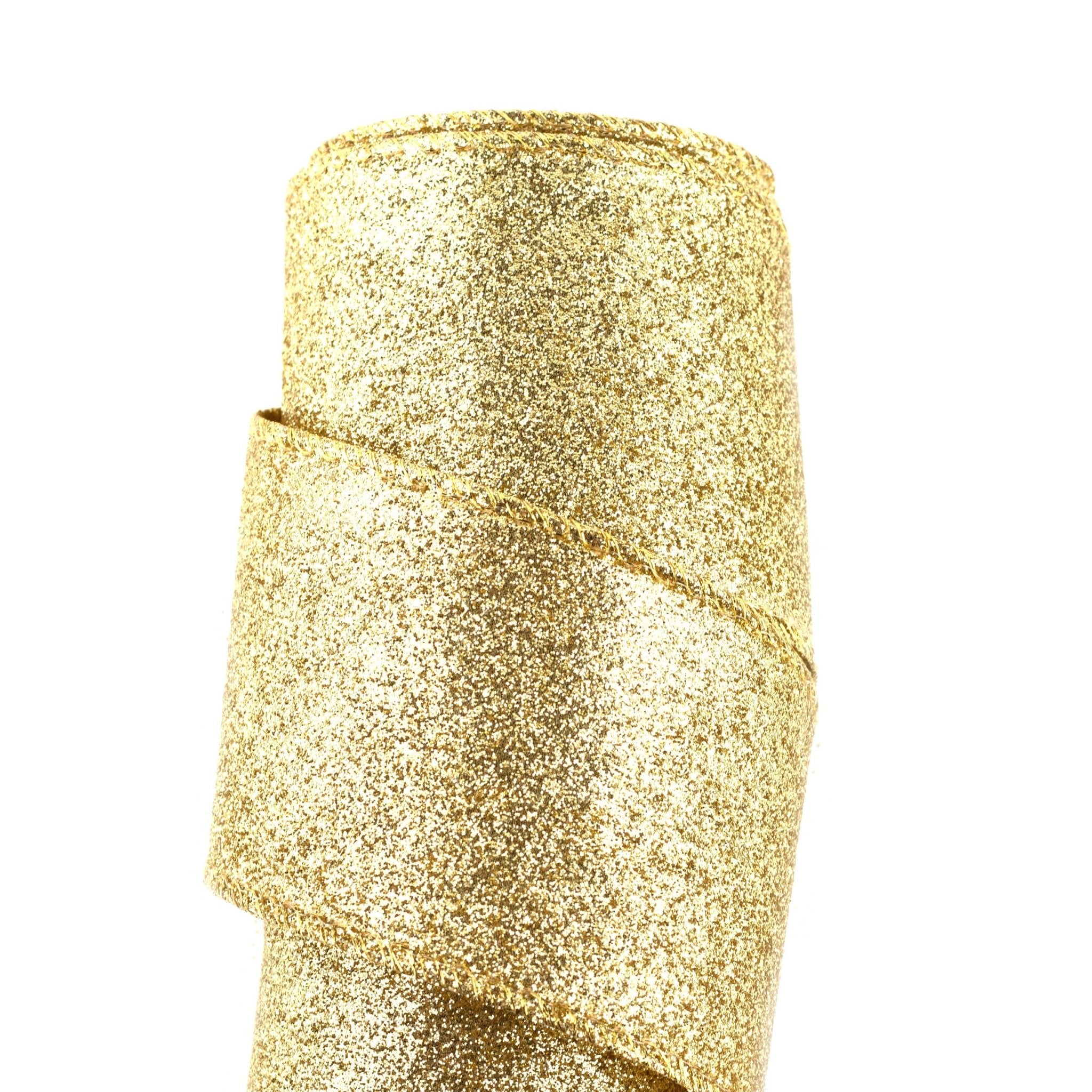 63mm x 9M Gold Glitter Wired Ribbon 6309024 - MODA FLORA Santa's Workshop