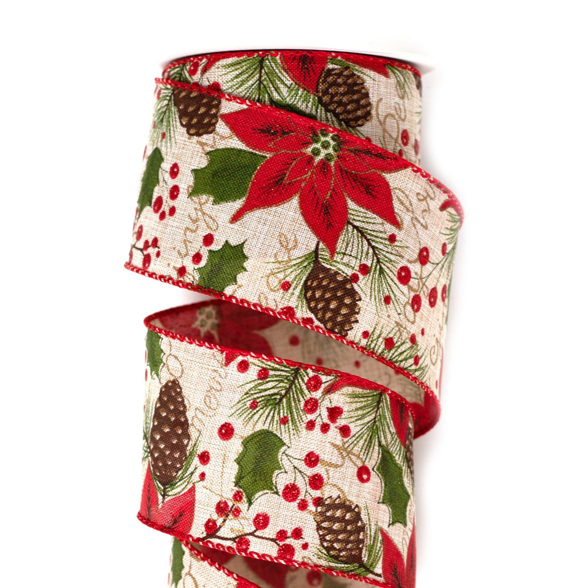 63mm x 9M Poinsettia Wired Ribbon 6309019 - MODA FLORA Santa's Workshop