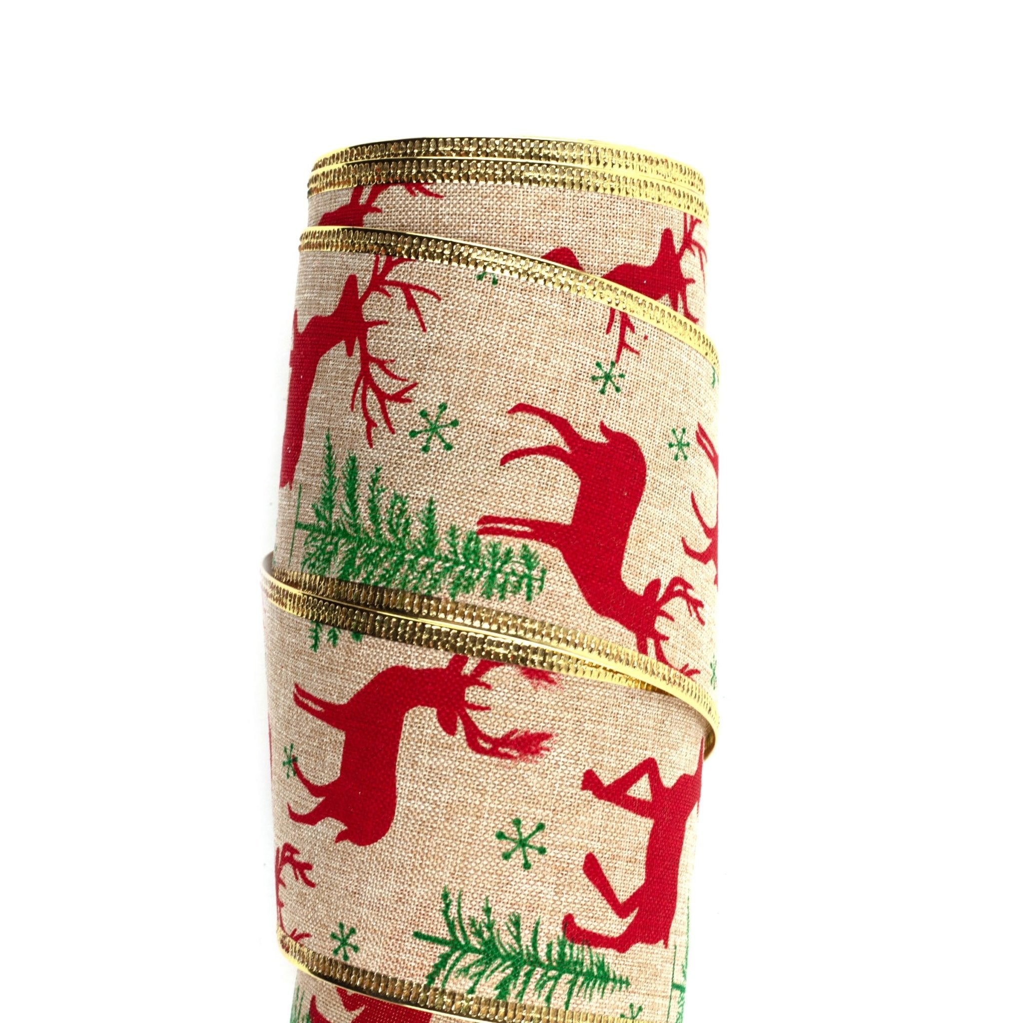 63mm x 9M Red Reindeer Wired Ribbon 6309030 - MODA FLORA Santa's Workshop