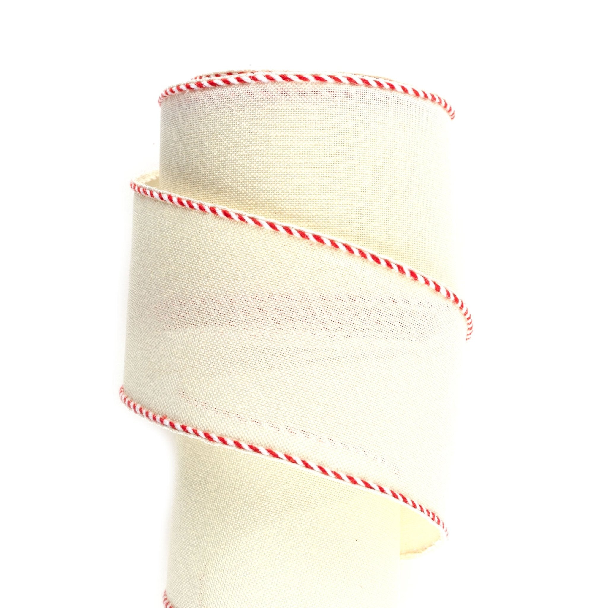 63mm x 9M Red Rim White Wired Ribbon 6309029 - MODA FLORA Santa's Workshop