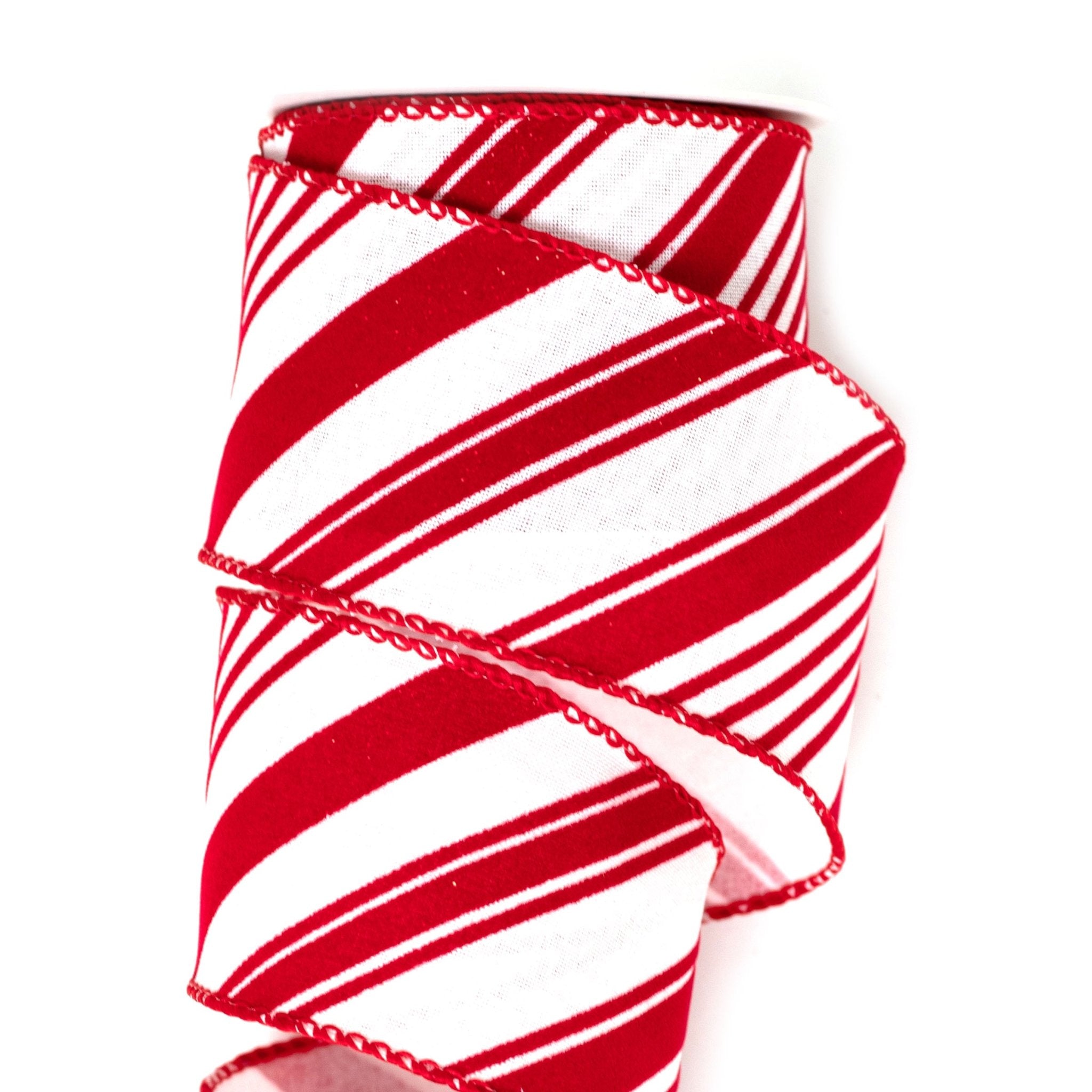 63mm x 9M Red Velvet Diagonal Stripe Wired Ribbon 6309018 - MODA FLORA Santa's Workshop