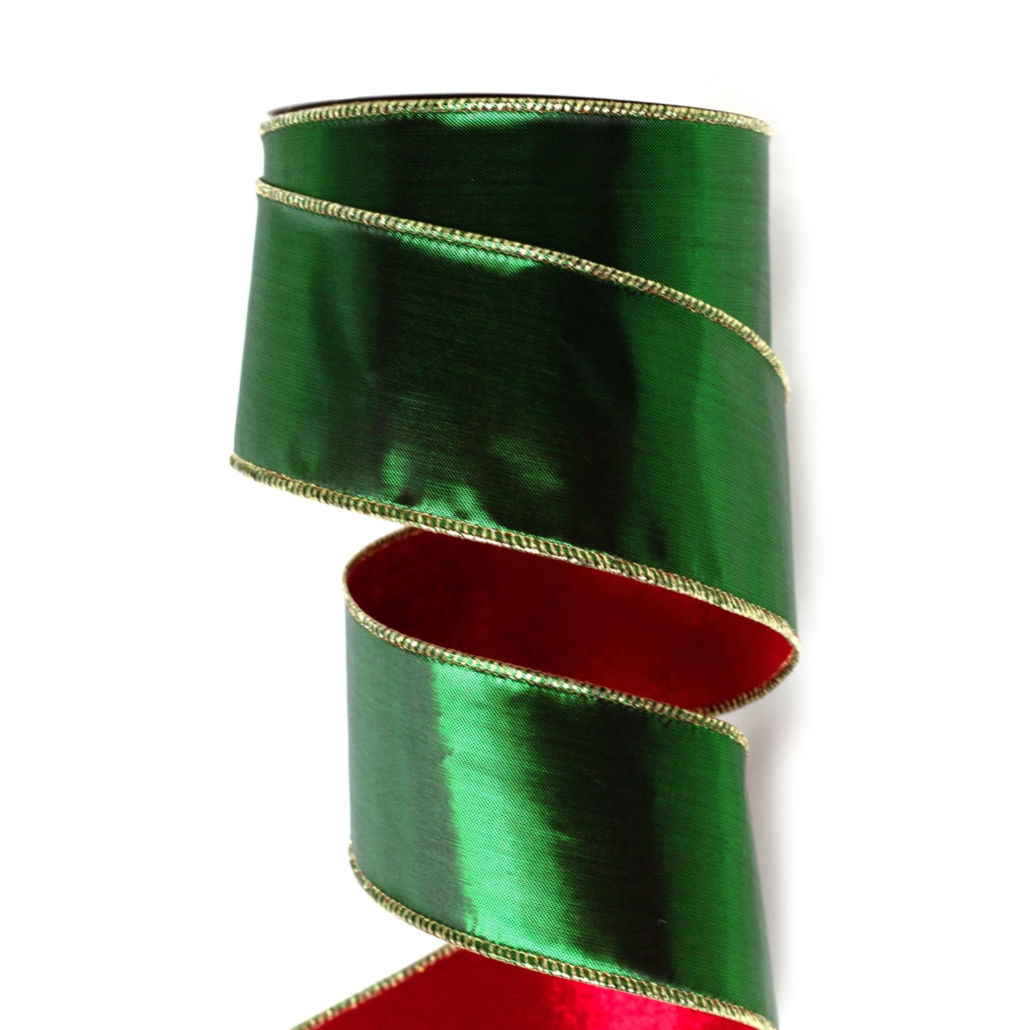 63mm x 9M Red Velvet Green Satin Wired Ribbon 6309005 - MODA FLORA Santa's Workshop