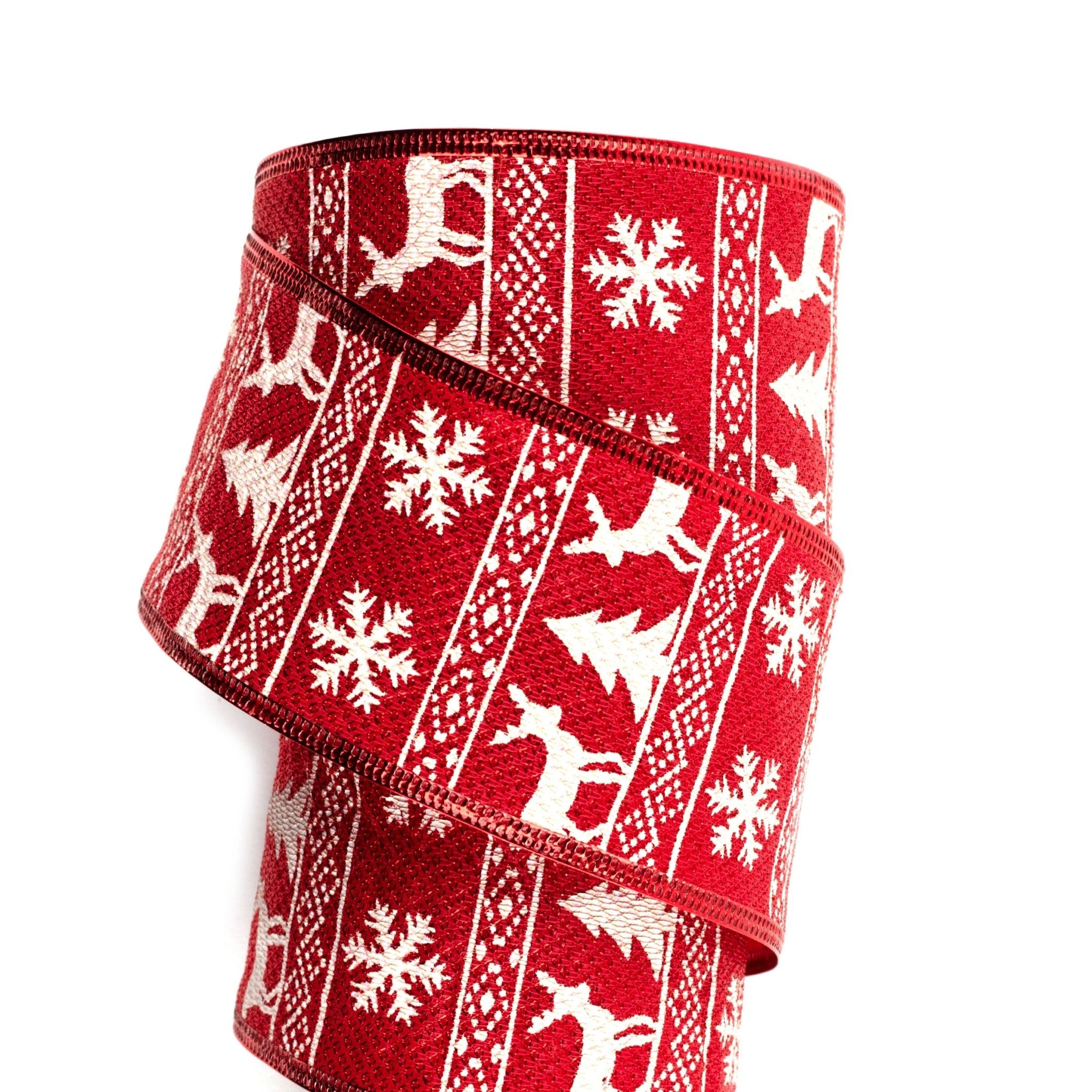 63mm x 9M White Reindeer Wired Ribbon 6309025 - MODA FLORA Santa's Workshop