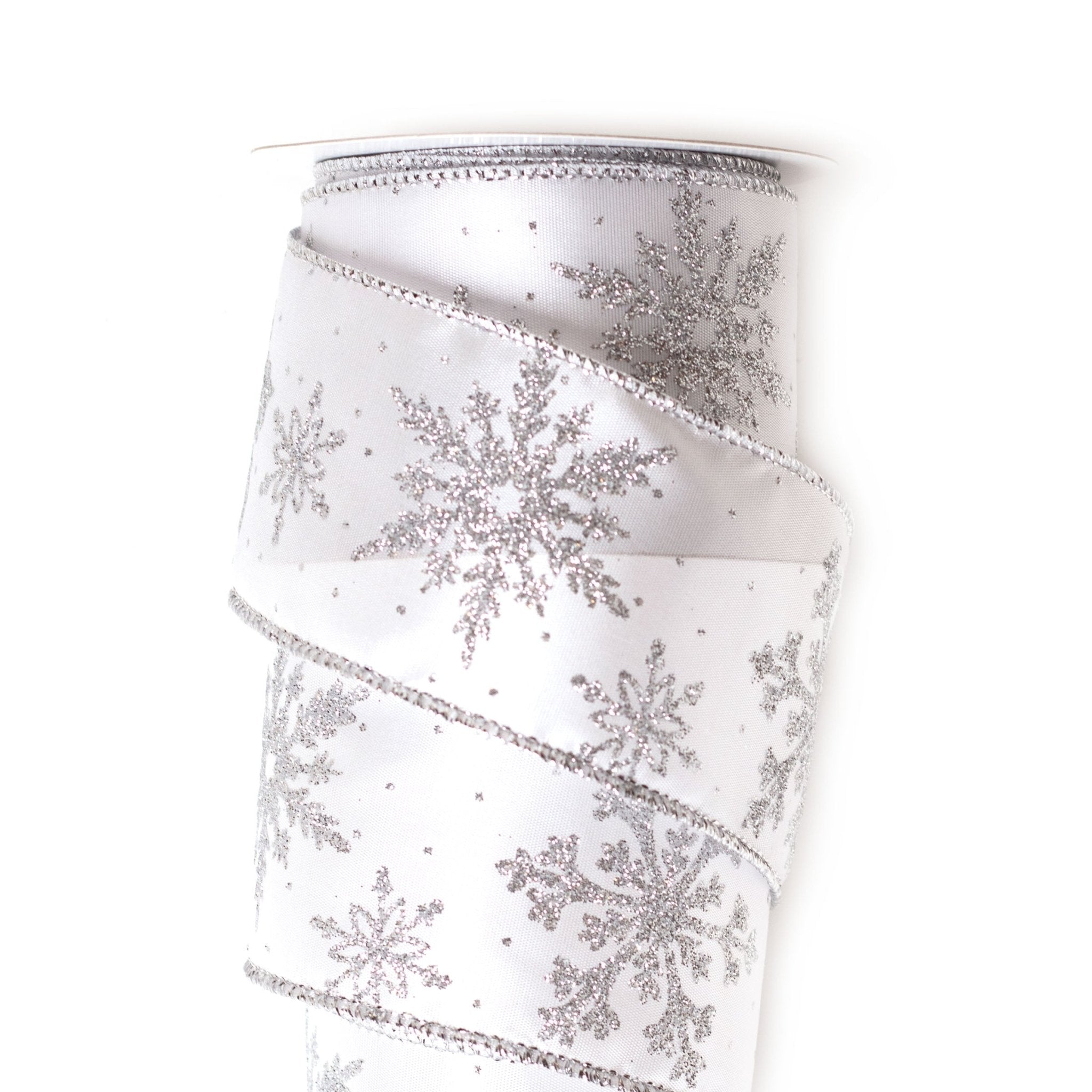 63mm x 9M White Satin With Snowflake Wired Ribbon 6309002 - MODA FLORA Santa's Workshop