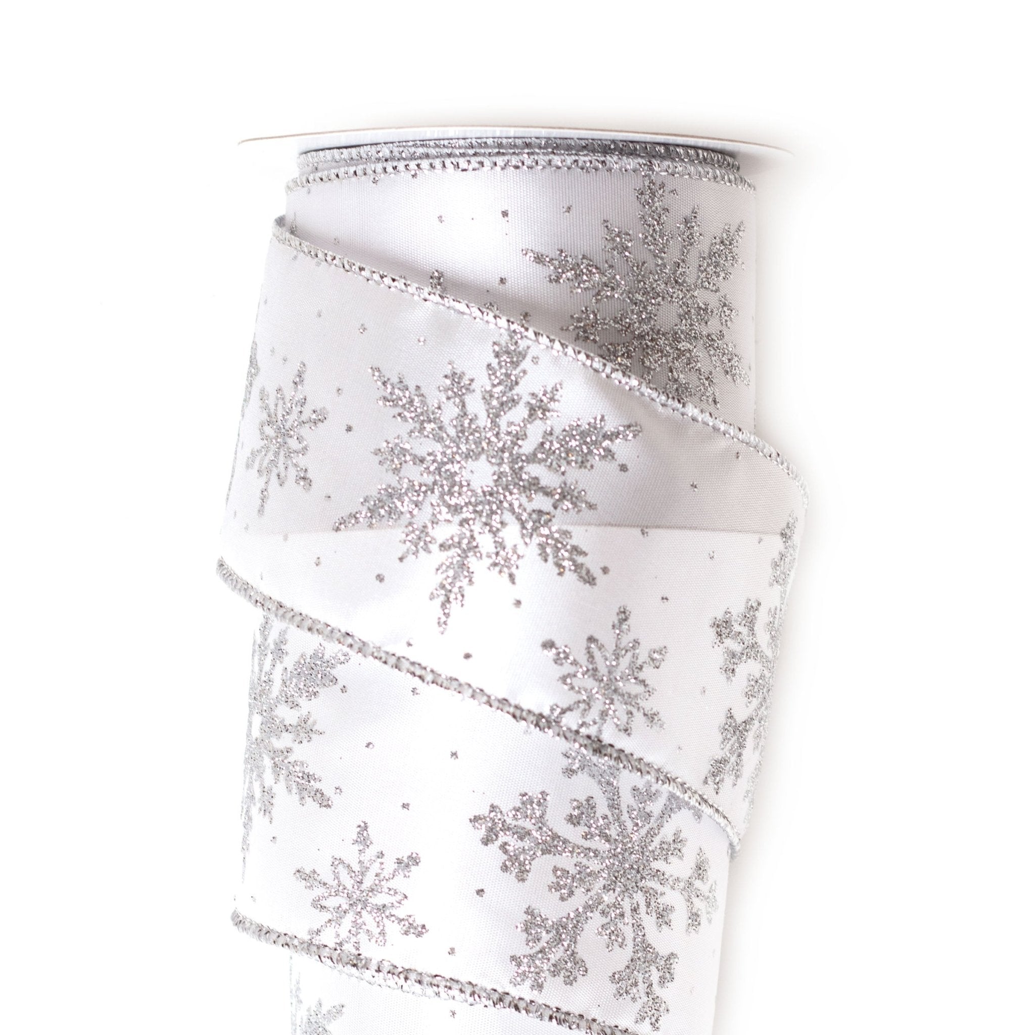 Wired Snowflake White/Silver Sheer Ribbon, 2-1/2 inch width
