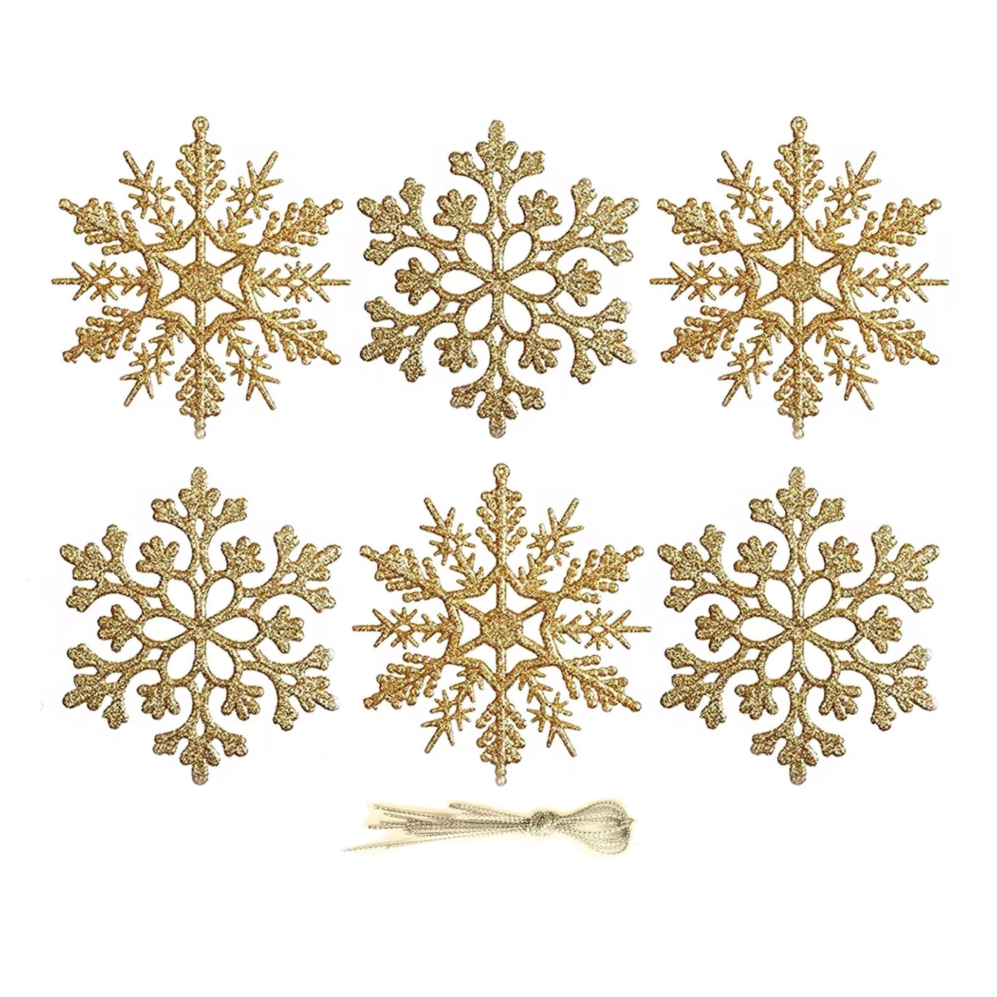 6pcs 10cm Gold Glittered Snowflakes with Hanging Strings 01306 - MODA FLORA Santa's Workshop
