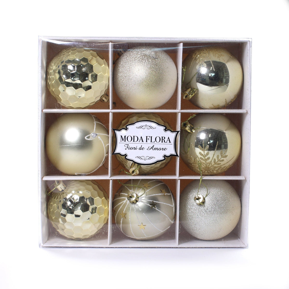 9pcs 8cm Champagne Gold Christmas Ball Ornament - MODA FLORA Santa's Workshop
