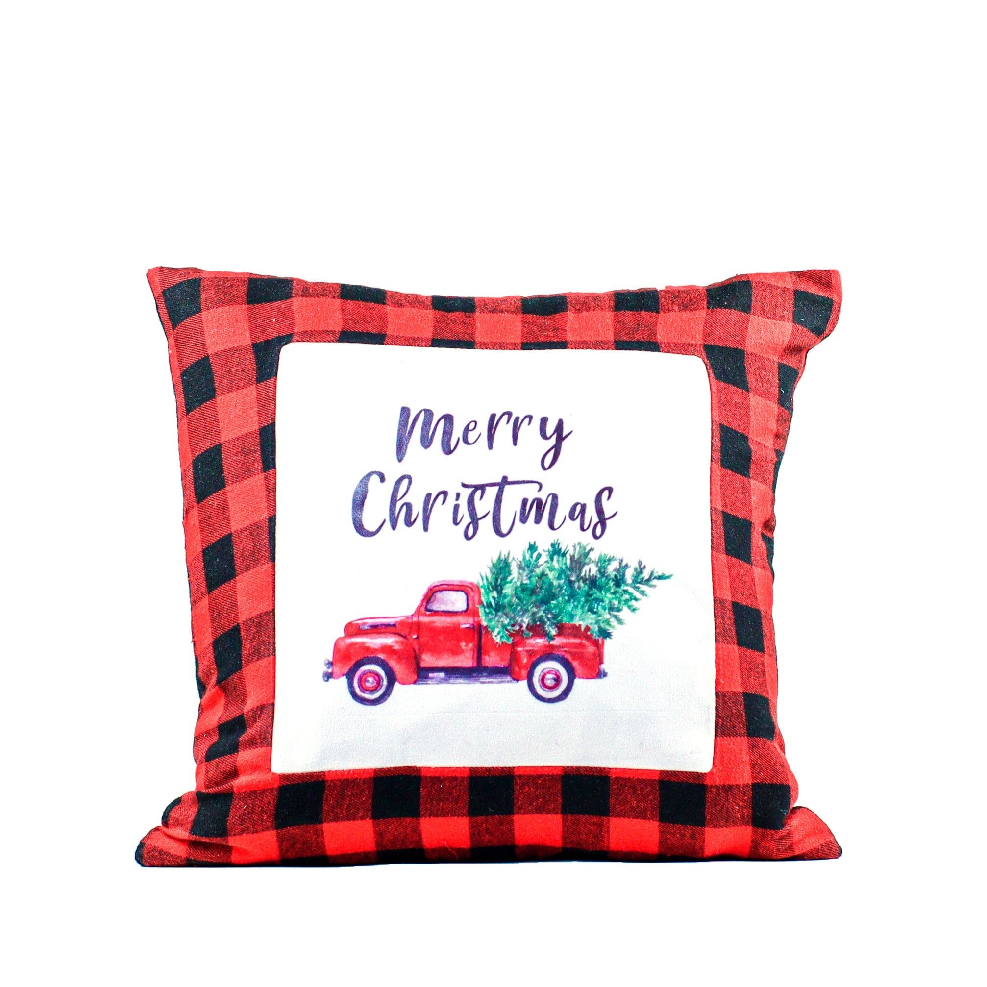 Farmhouse red truck buffalo plaid cushion Cover - MODA FLORA Santa's Workshop