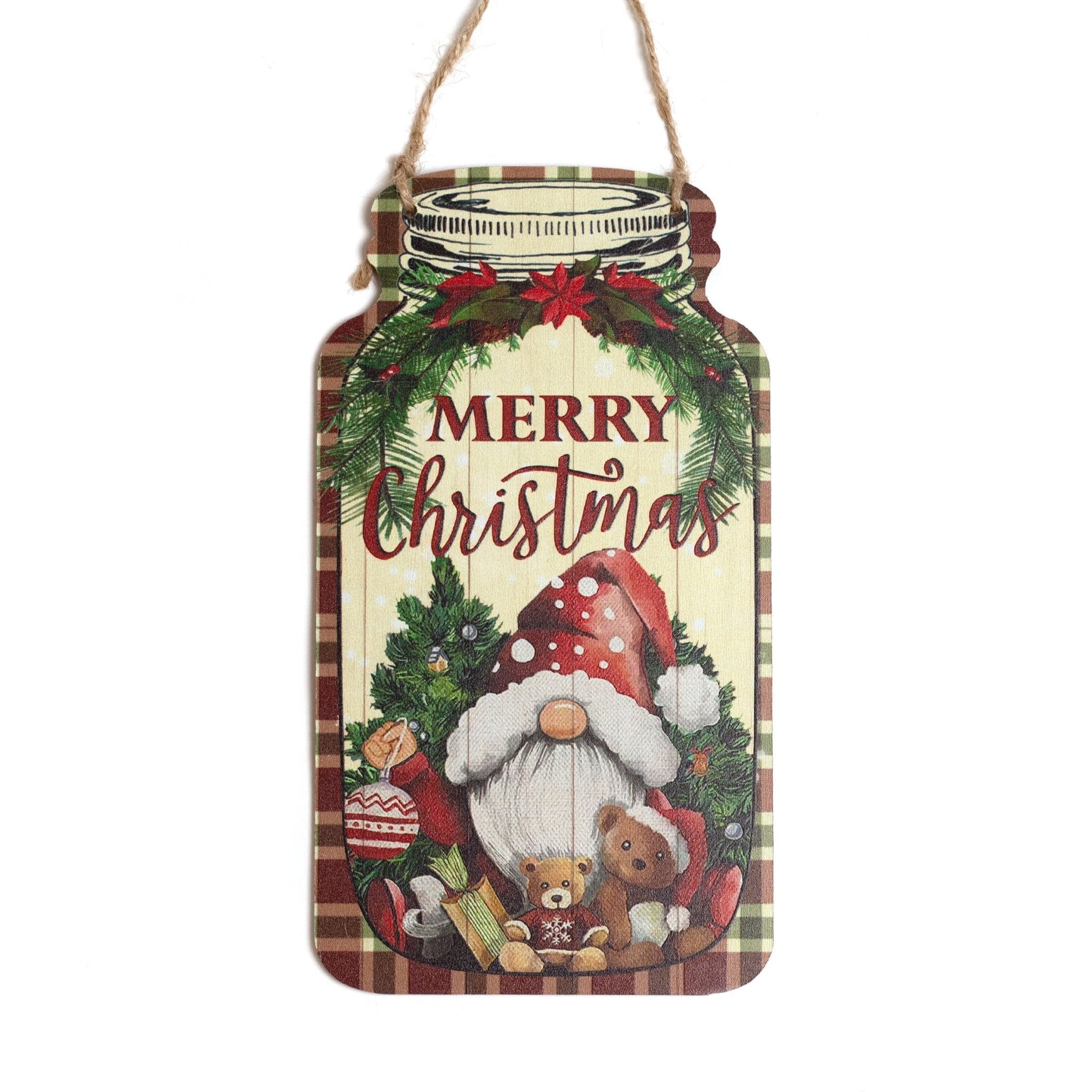 Merry Christmas Gnome Mason Jar Wooden Sign 12x21cm 1221002 - MODA FLORA Santa's Workshop