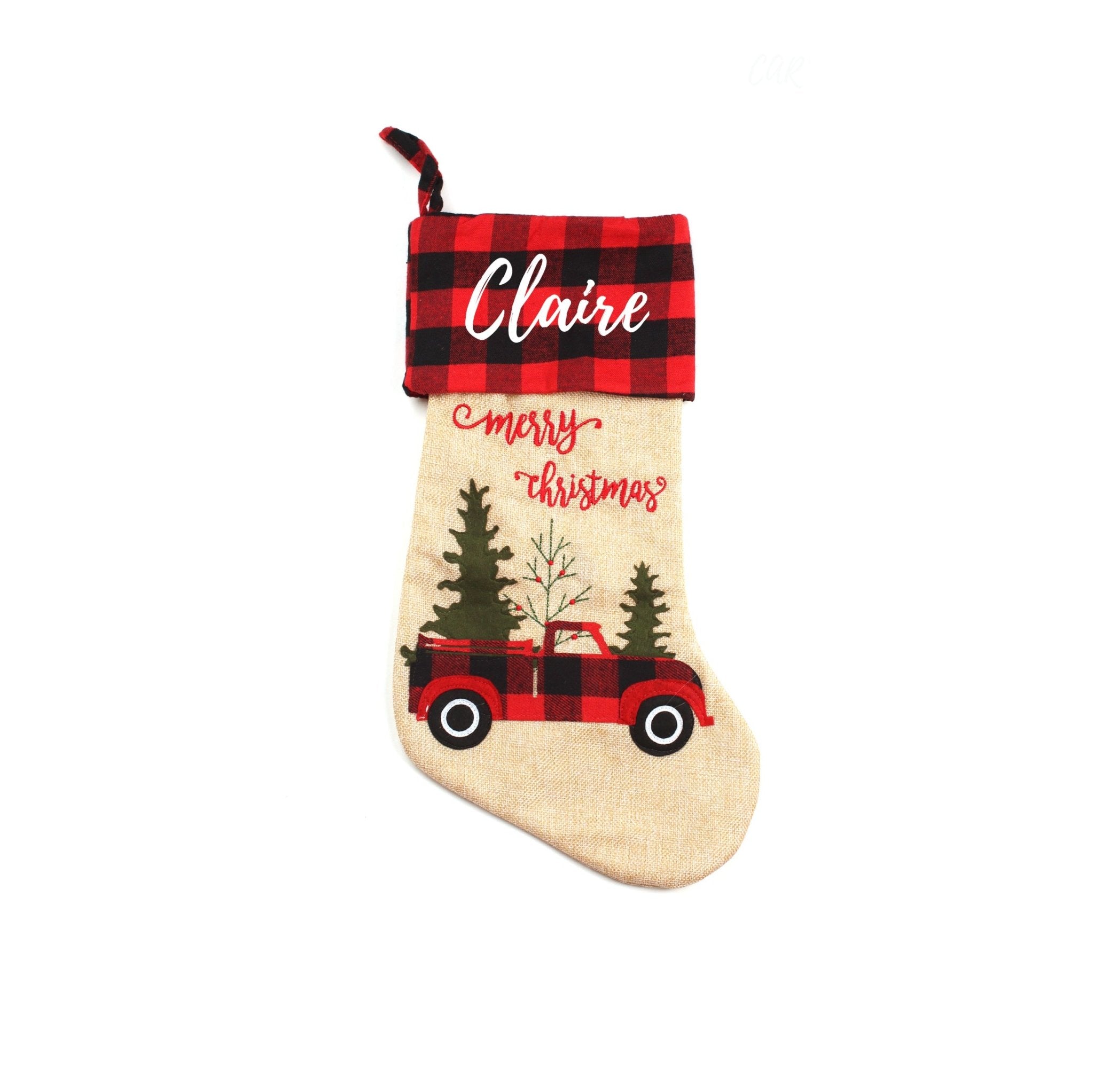 Personalised Buffalo Plaid Red Truck Classic Christmas Stocking 1pc - MODA FLORA Santa's Workshop