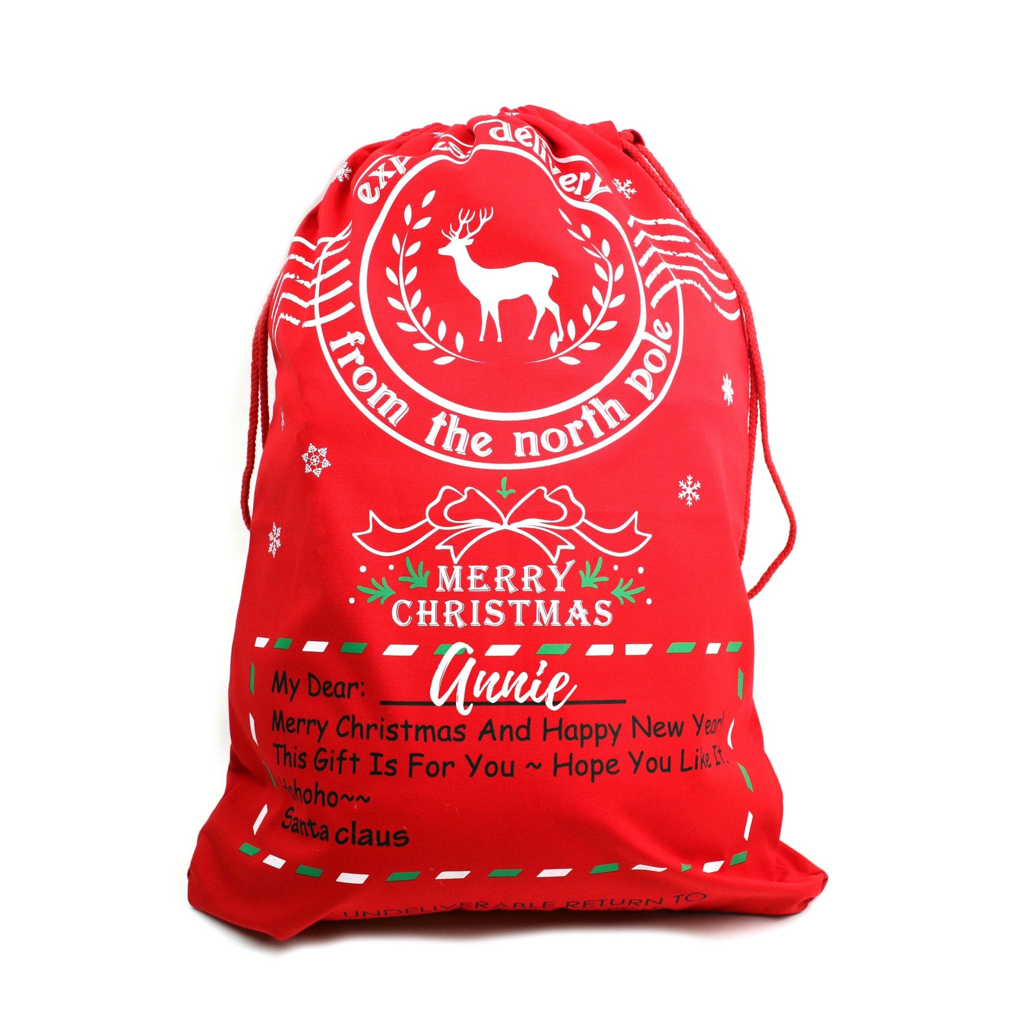 Personalised Merry Christmas Red Santa Sack - MODA FLORA Santa's Workshop