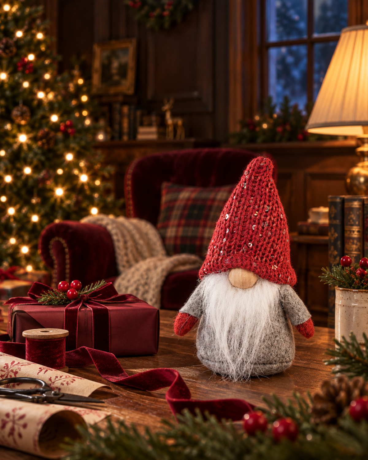 Elda in a warmly lit Christmas cottage