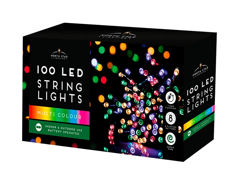 10 meters Multicoloured LED Battery Operated Christmas Lights 100 Count - MODA FLORA Santa's Workshop