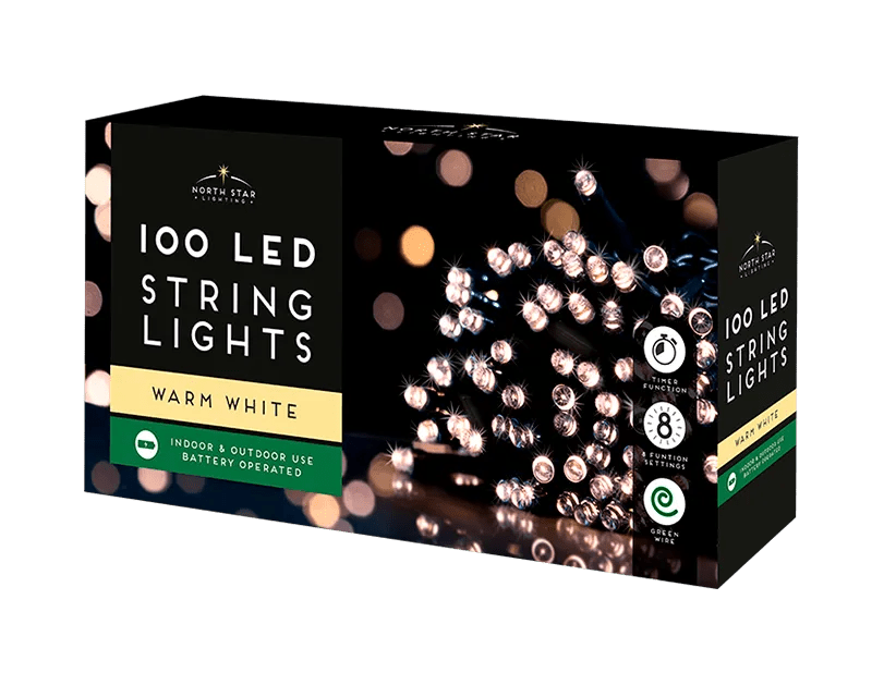 10 meters Warm White LED Battery Operated Christmas Lights 100 Count - MODA FLORA Santa's Workshop