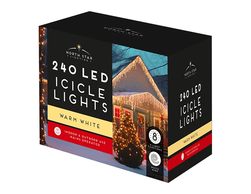 13.85 meters Warm White LED Mains Operated Christmas Icicles Lights 240 count - MODA FLORA Santa's Workshop