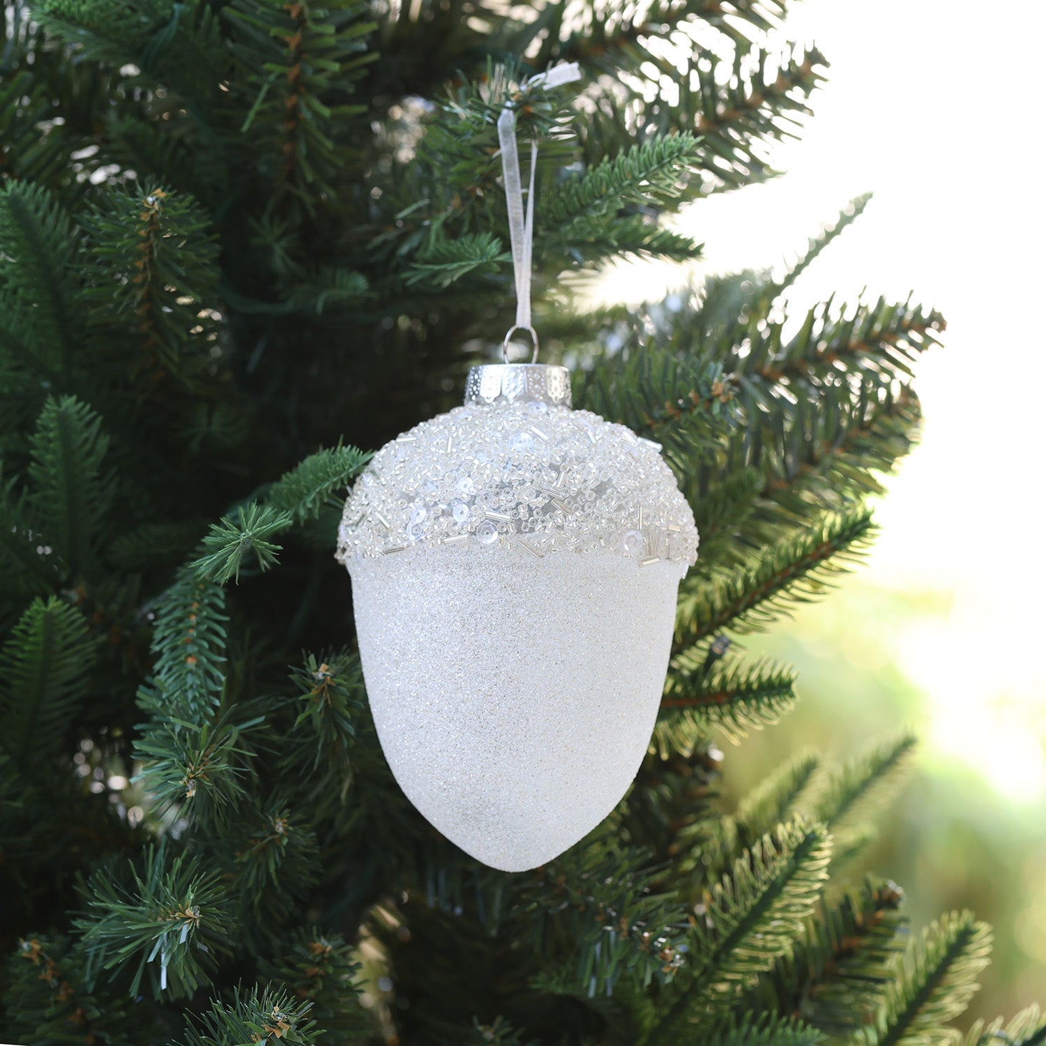 13cm Acorn Shatterproof Ornament White OGS034W - MODA FLORA Santa's Workshop