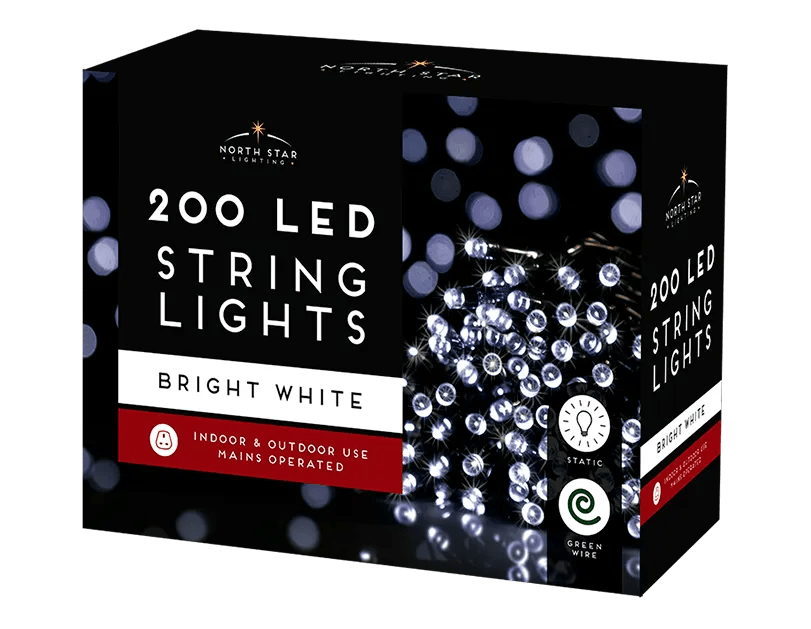 14.4 meters Bright White LED Mains Operated Christmas Lights 200 Count - MODA FLORA Santa's Workshop
