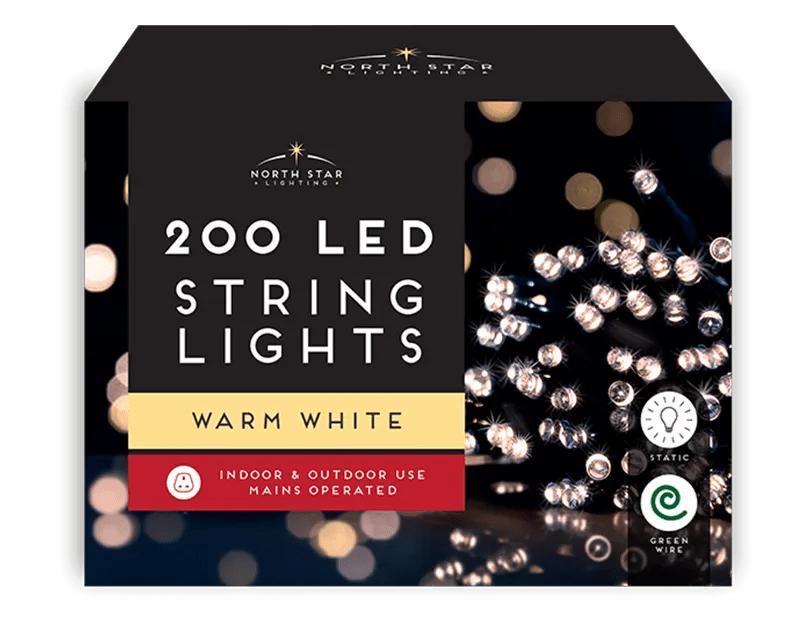 14.4 meters Warm White LED Mains Operated Christmas Lights 200 Count - MODA FLORA Santa's Workshop