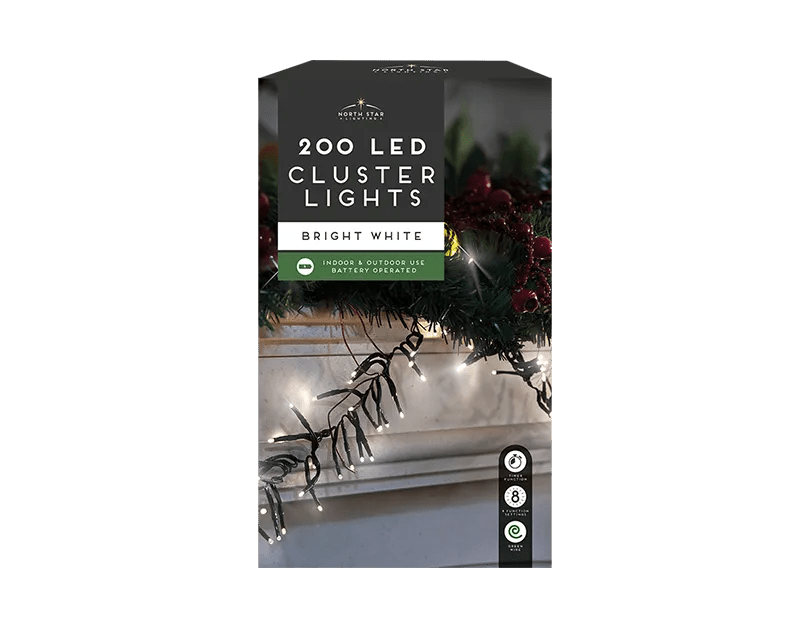 2 meters Bright White LED Battery Operated Christmas Cluster Lights 200 count - MODA FLORA Santa's Workshop