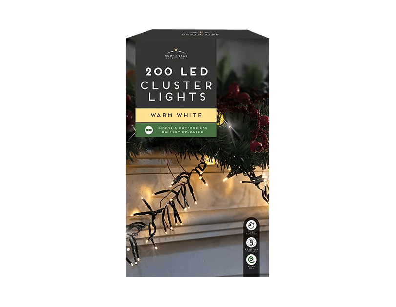 2 meters Warm White LED Battery Operated Christmas Cluster Lights 200 count - MODA FLORA Santa's Workshop