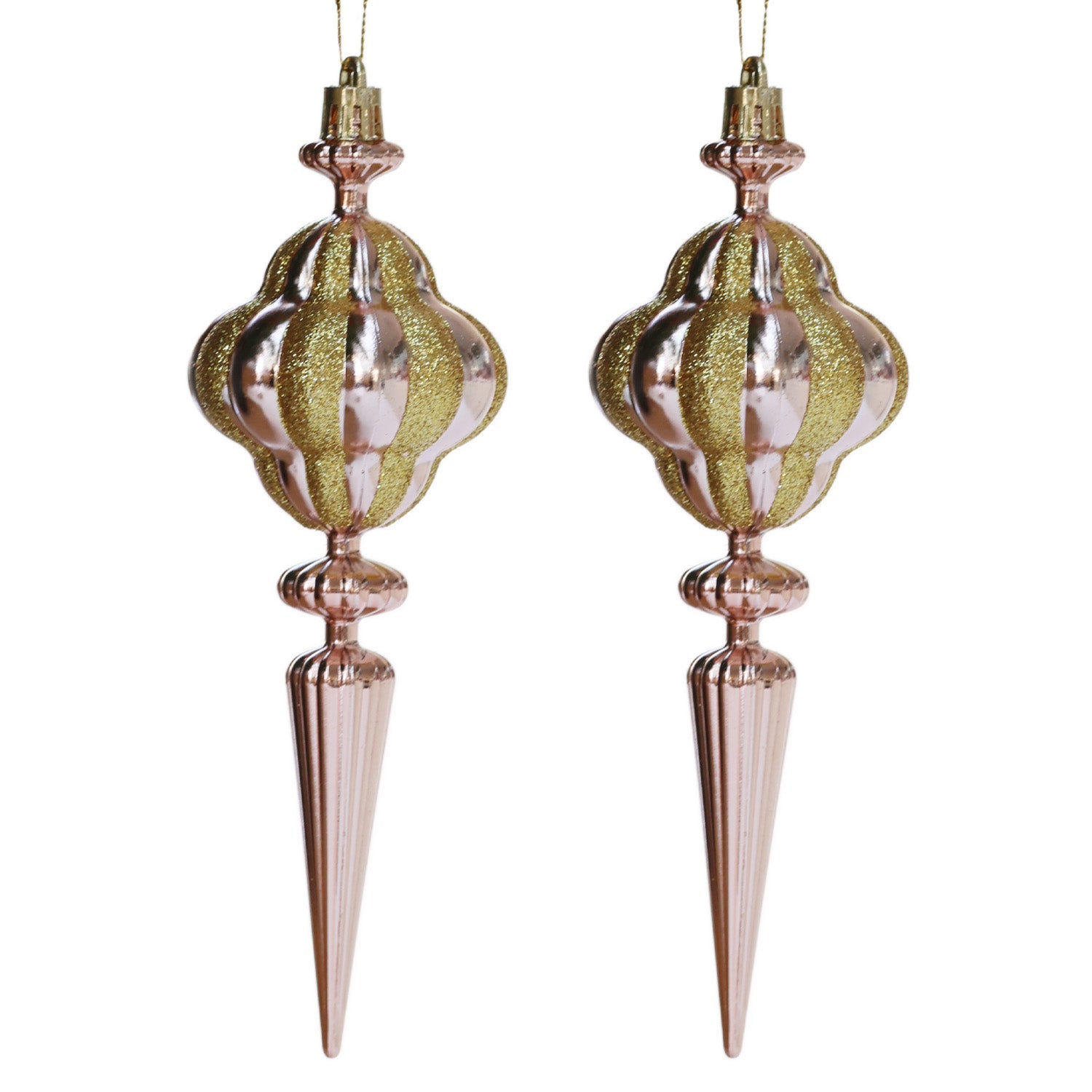 2 pcs 17cm Elegant Gold and Copper Hanging Christmas Shatterproof Ornaments Set 02802 - MODA FLORA Santa's Workshop