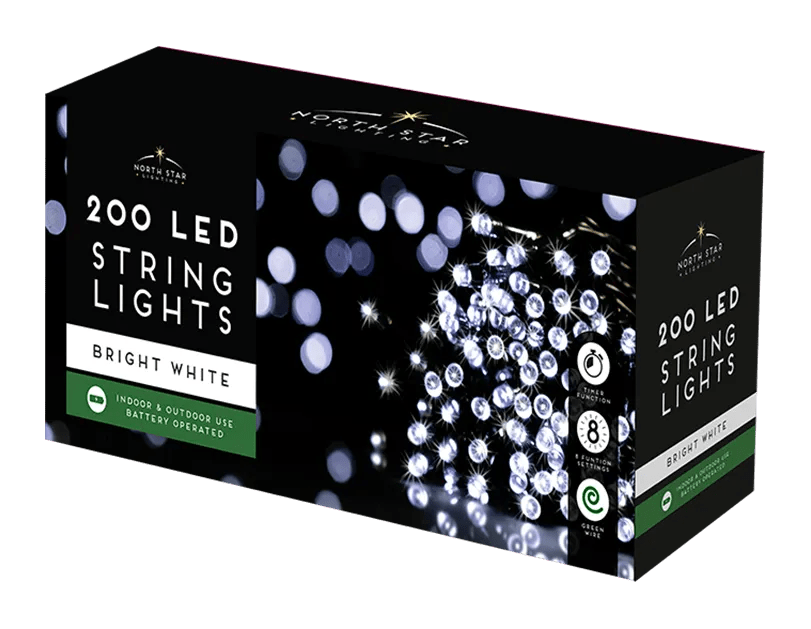 20 meters Bright White LED Battery Operated Christmas Lights 200 Count - MODA FLORA Santa's Workshop