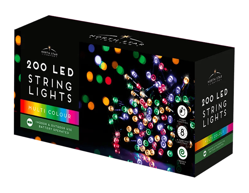 20 meters Multicoloured LED Battery Operated Christmas Lights 200 Count - MODA FLORA Santa's Workshop